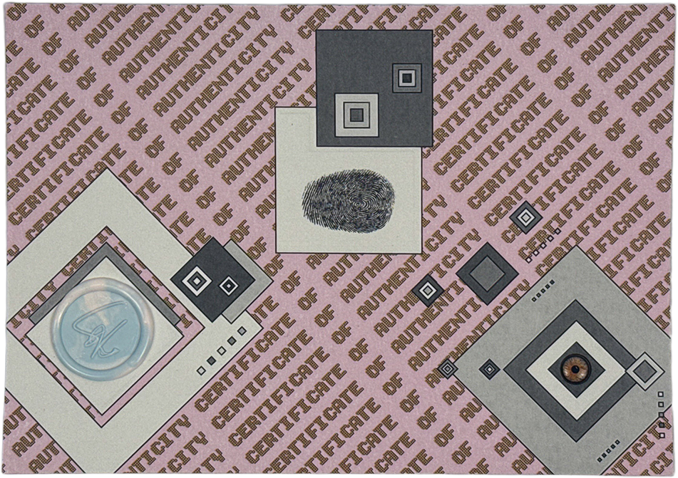 A fingerprint, a button, and square patterns on a pink background with 'CERTIFICATE OF AUTHENTICITY' repeated.