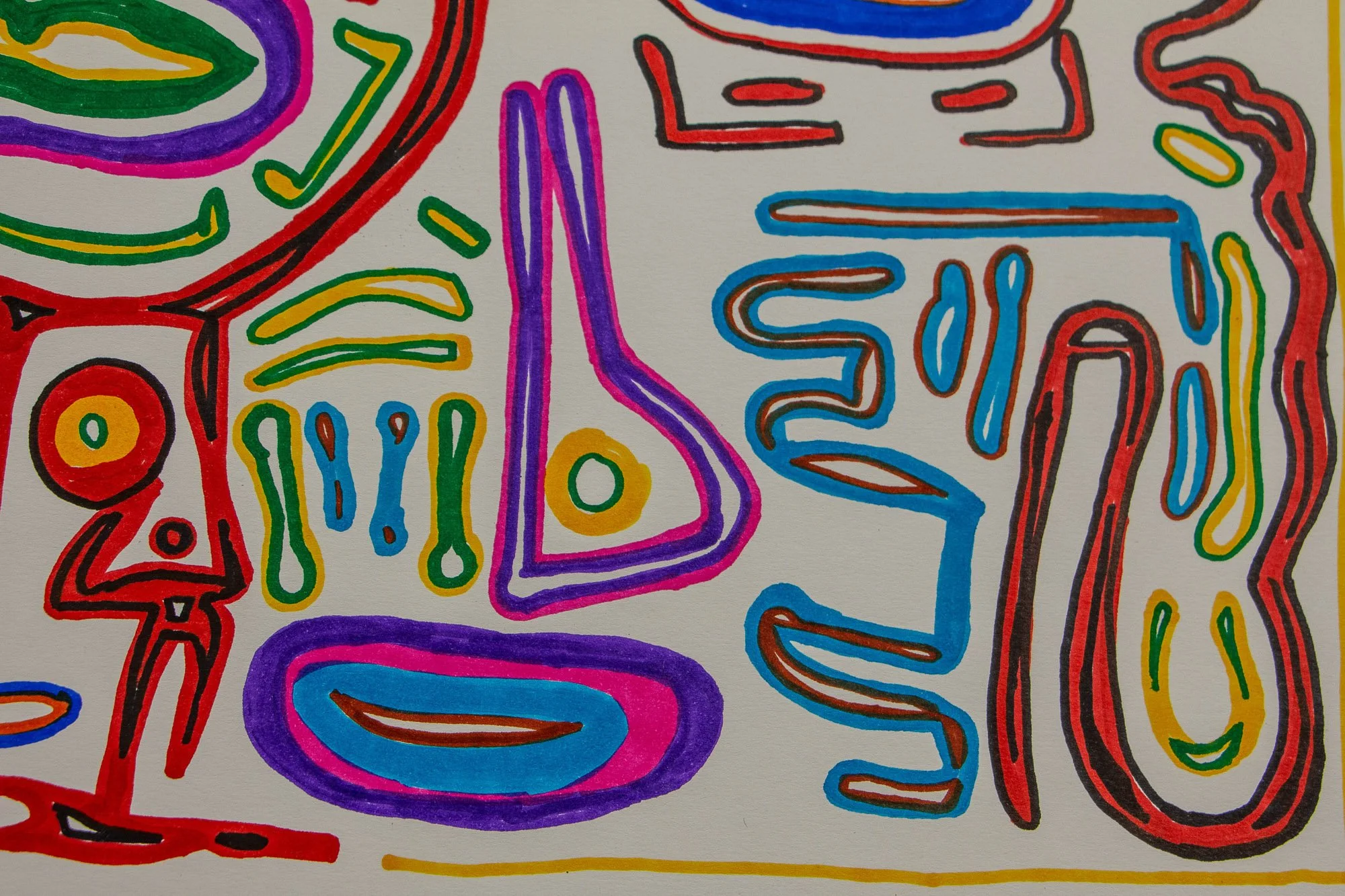 Eclipsing Gravitas 002 detail: close-up of adjacent abstract face-like fragments in red, cyan, purple, and yellow, with elongated contours, droplet marks, and layered linear shapes across the white paper.