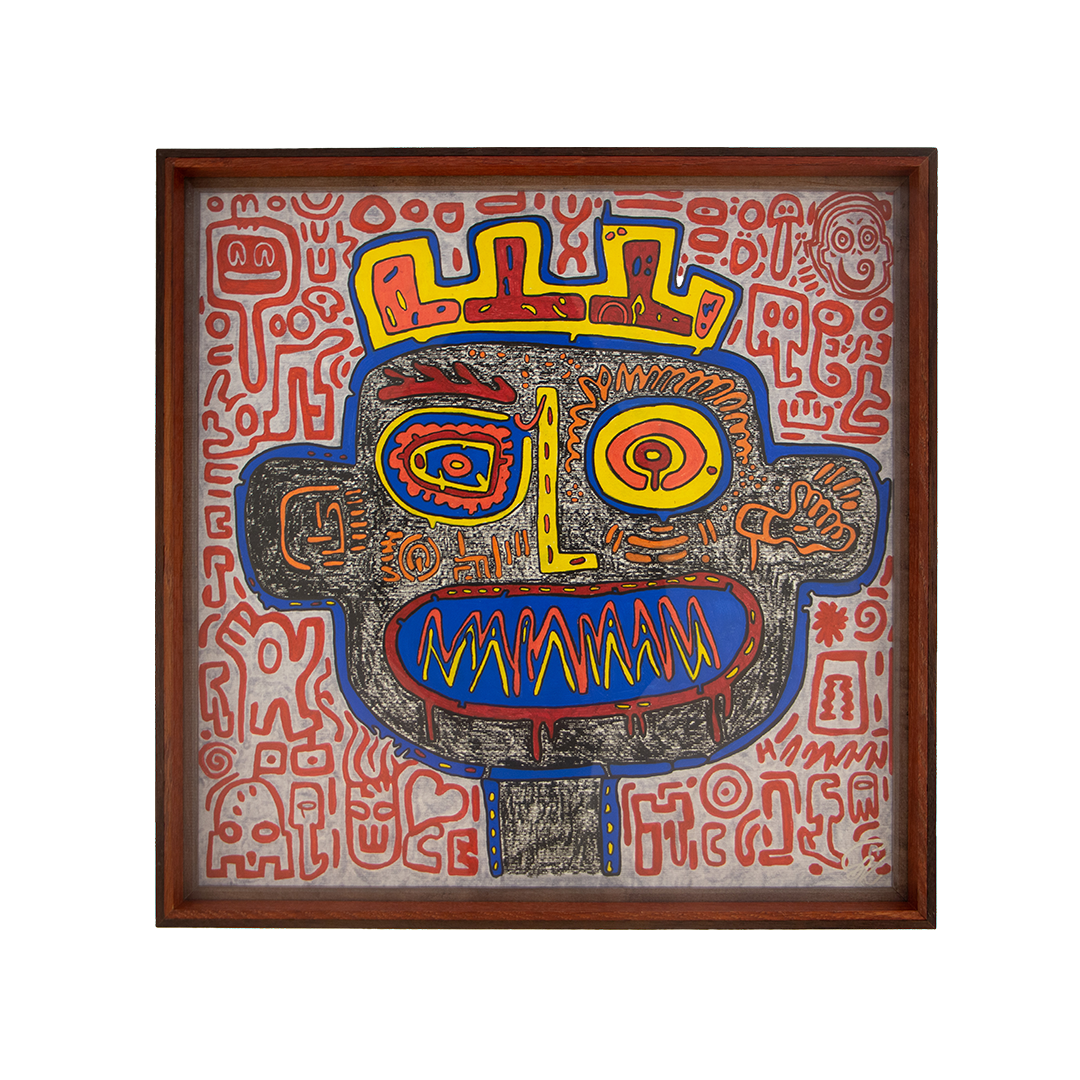 Here the emotional field becomes more turbulent, with intensity, alarm, and agitation gathering into a face that feels both confrontational and exposed. Unseen Signifiers: Artwork 003; framed colorful artwork featuring a textured dark gray face