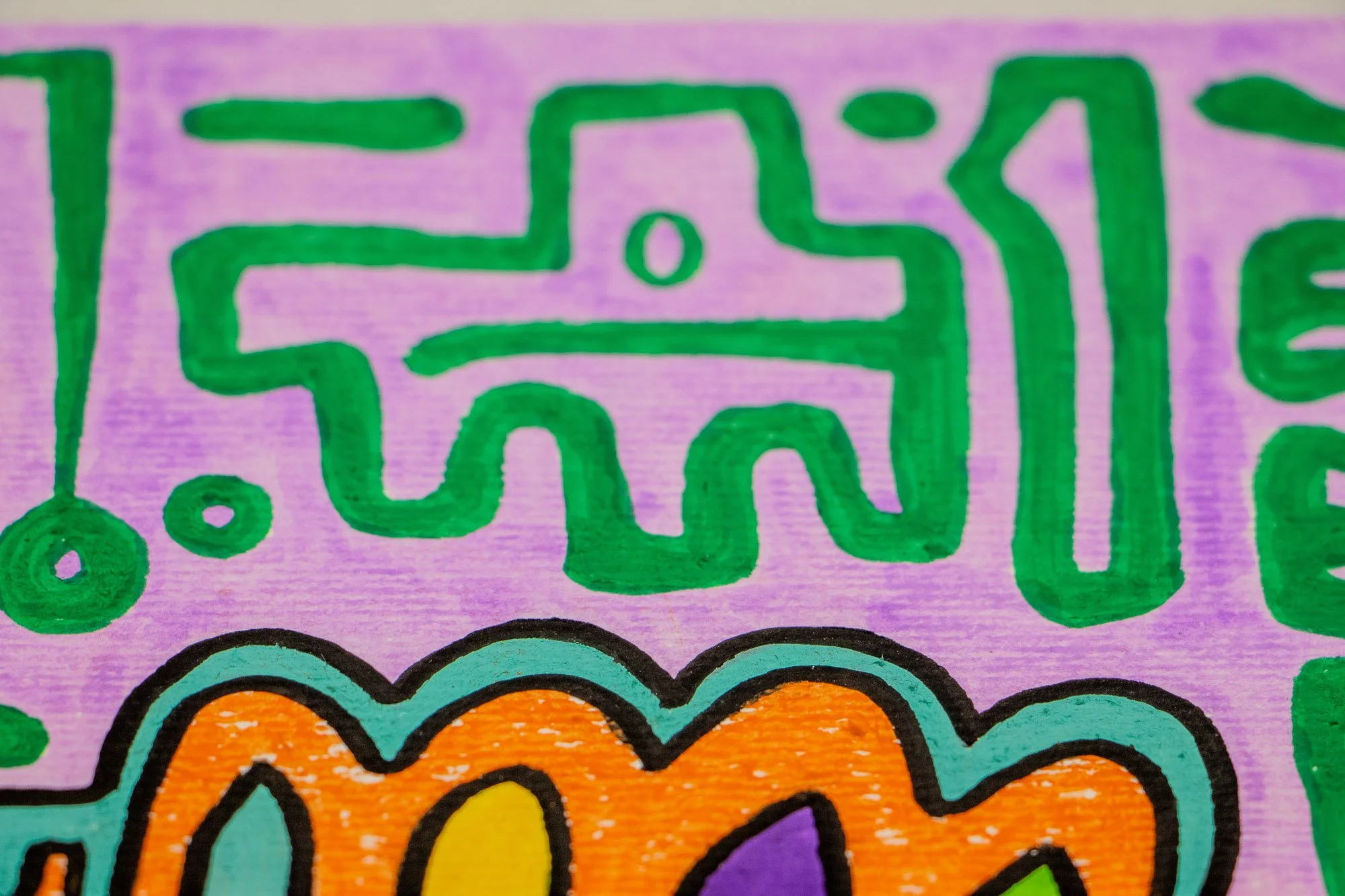 Unseen Signifiers 002 detail: upper section of the composition where green glyph-like marks sit on the lilac field above the scalloped orange form with multicoloured inner shapes.