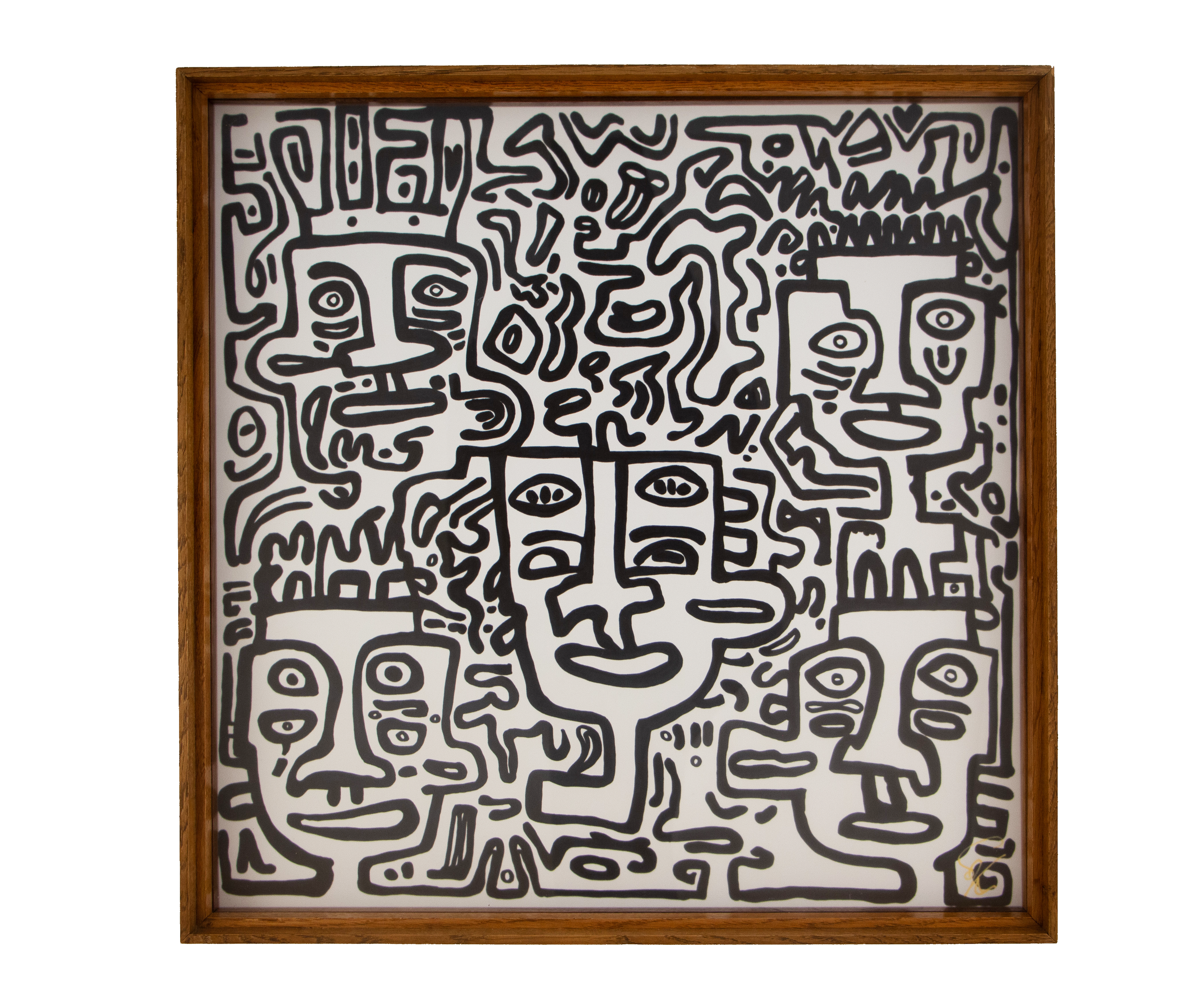 A central face with asymmetrical eyes and long nose emerges from interwoven figures. Veiled Alchemist 003; black linework on white paper; Japanese elm frame with red-toned accent.