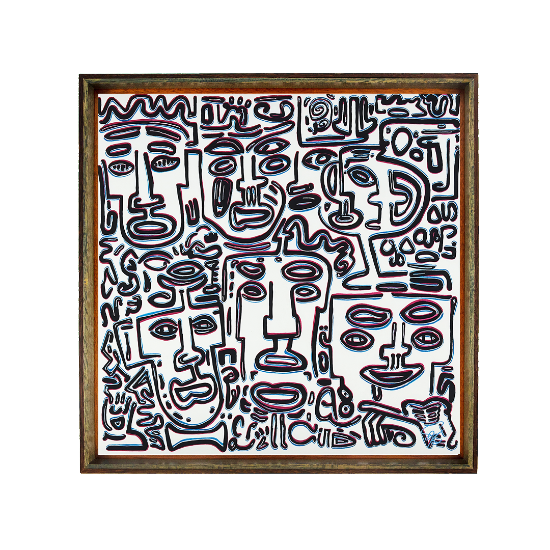 Stillness forms an axis; two tall masks hold the center while pauses make room for meaning to land. Silence’s Caesura: 002; ink on paper; floating mount; oak–mahogany–wengé frame with shifting blue/pink liner; pink & blue offsets.