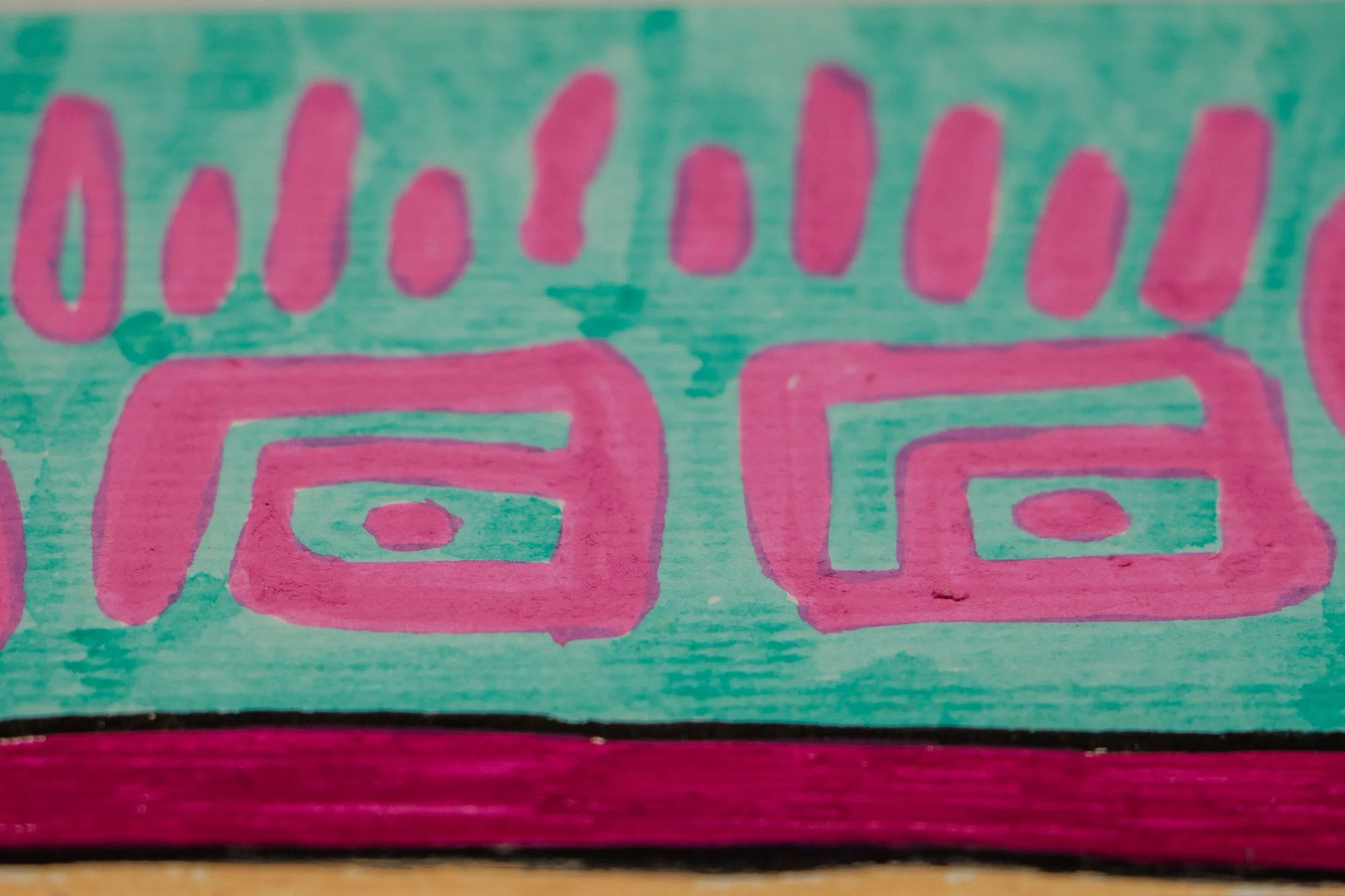 Unseen Signifiers 004 detail: upper-right section of the composition, where a magenta-and-peach crown-like contour meets pink symbolic forms, including a speech-bubble shape and stylized face.