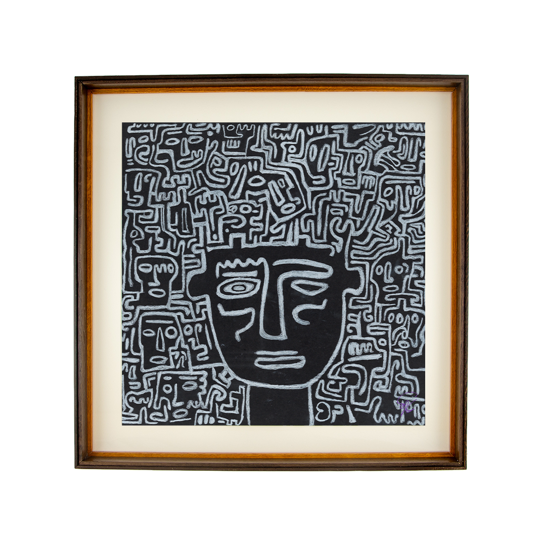 Weight, bargaining, and quiet ache; paths fold back and listen. Synaptic Mythos: Artwork 003; ink on paper; ash-stained oak frame with double wengé rails; inner purple accent band.