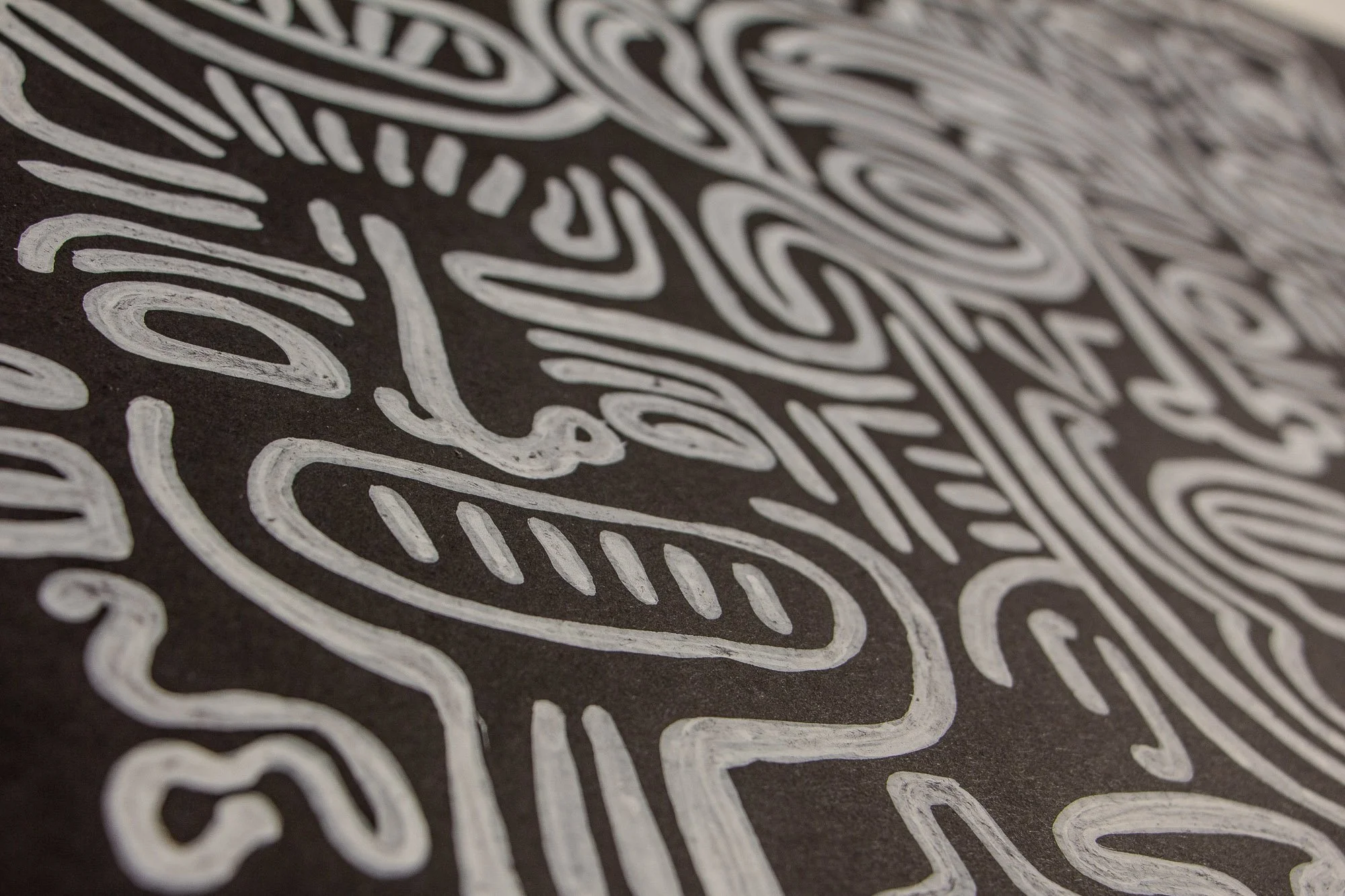 Mêlée of Discovery 001 detail: oblique close-up of an elongated mouth and adjacent facial contours, highlighting the hand-drawn texture and the tension between fluid movement and graphic structure.