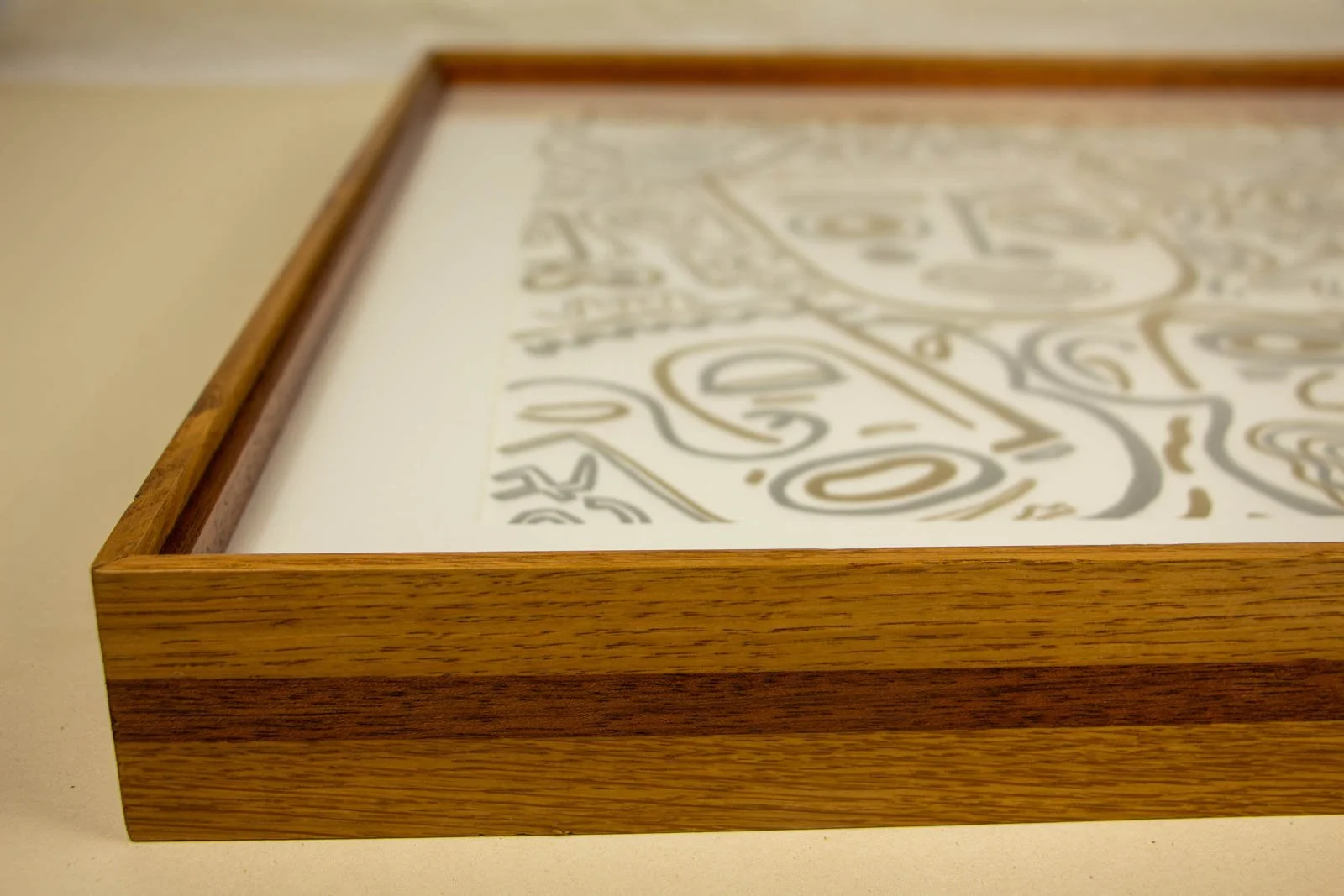 Golden Nostalgia 002 frame: raking perspective, deep rail shows shadowbox depth; uninterrupted accent band