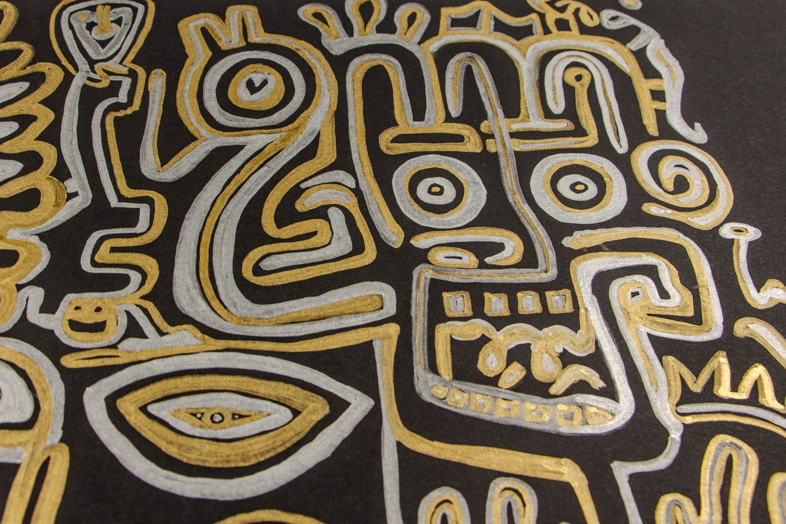 Golden Nostalgia 004 detail: creature cluster, serpentine form beside long-nose face; jagged teeth glint in gold