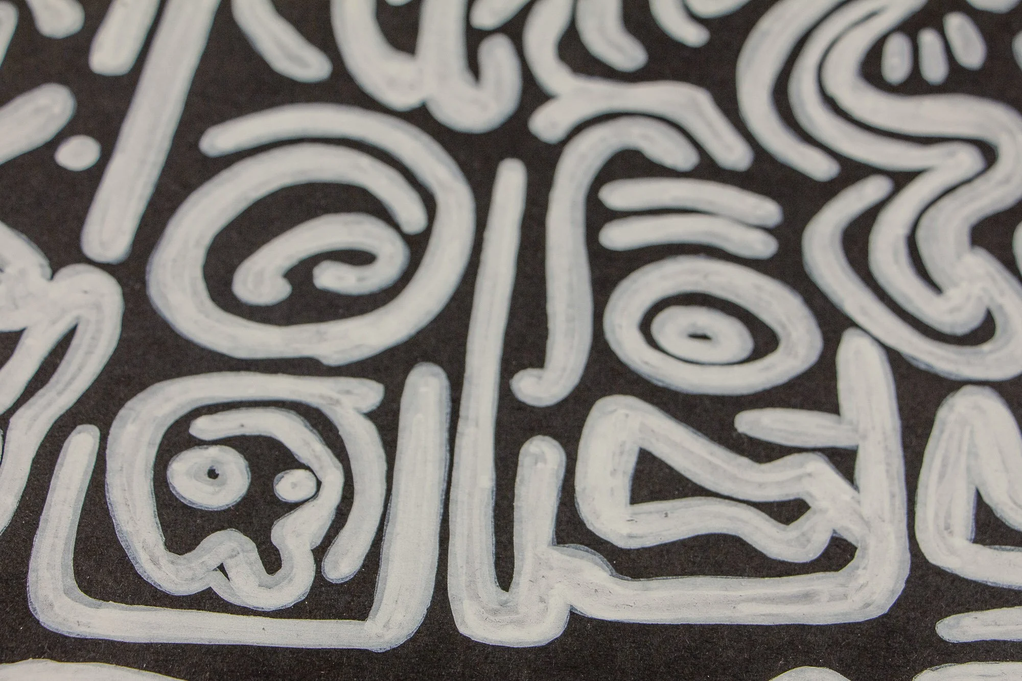 Turbulent Aegis 001 artwork detail: close-up of vertical, spiral, and mask-like symbols in white line work on a dark background, highlighting layered emotional signals within the composition.