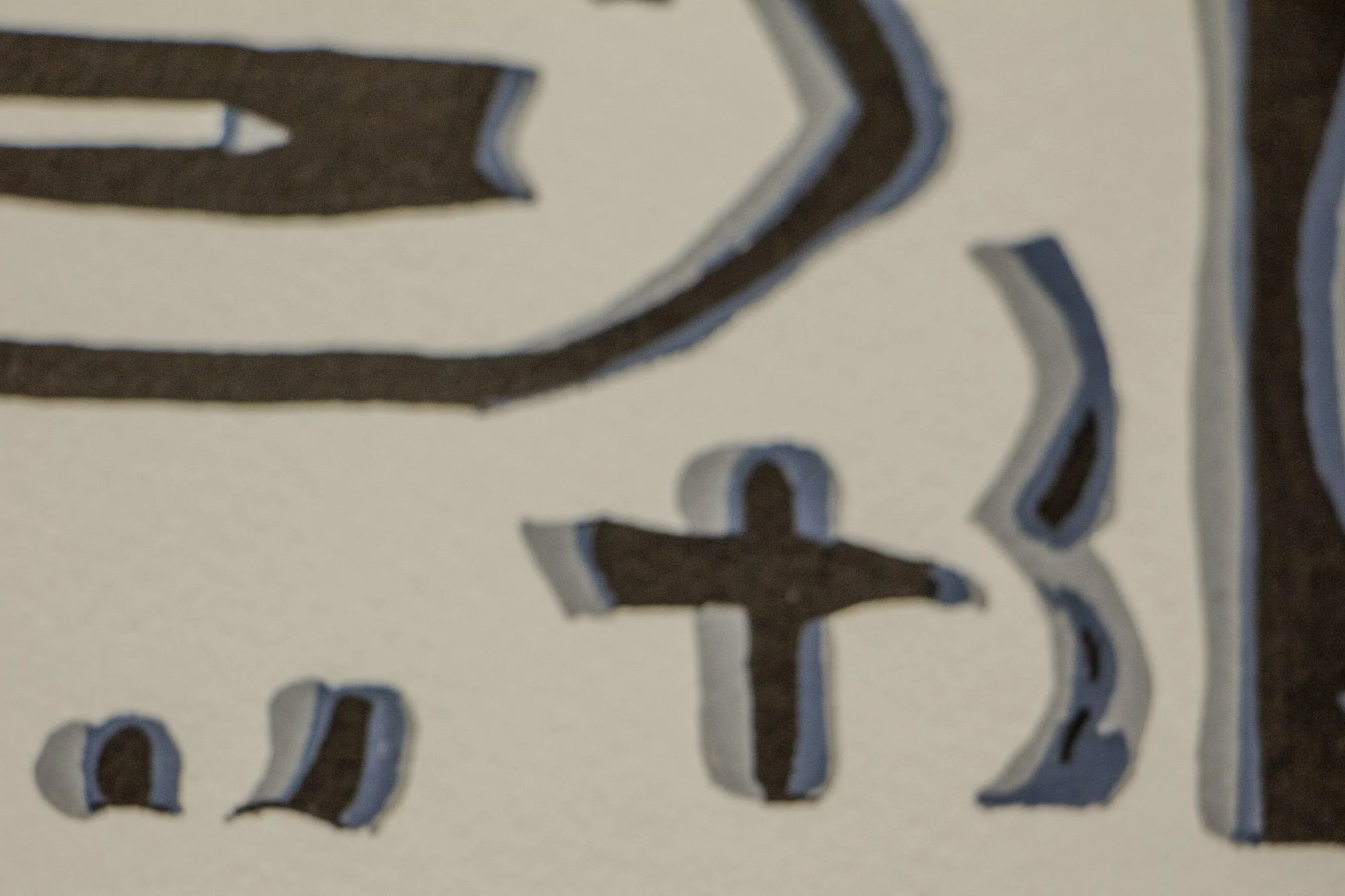 Luminous Parallax 002 detail: close-up of a small cluster of black-and-grey marks, including a cross-like form and curved fragments, where sign, symbol, and facial notation begin to overlap.