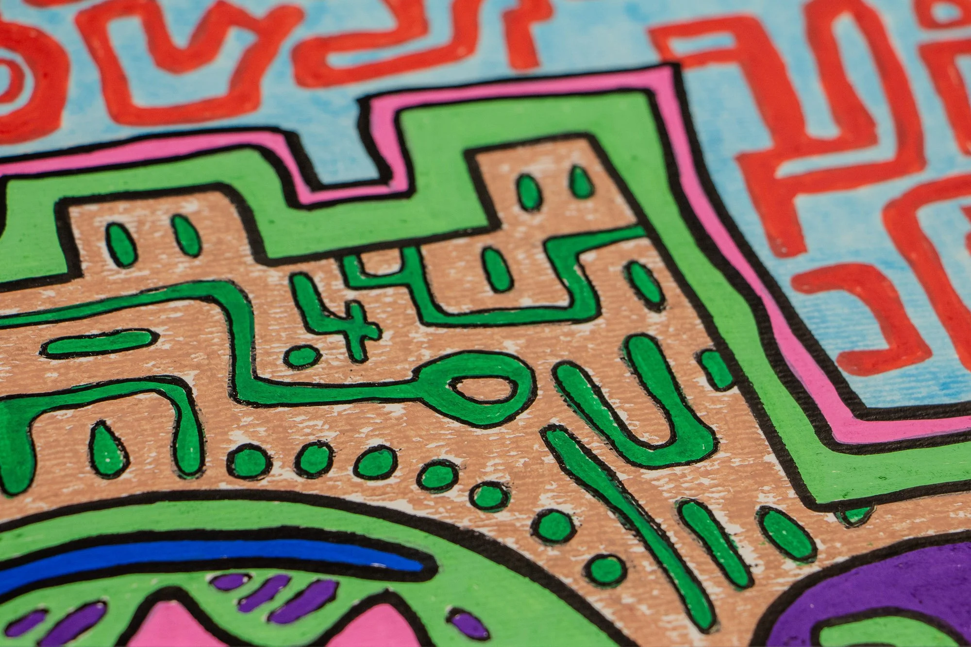 Unseen Signifiers 008 detail: close-up of green linear symbols on the warm beige field, bordered by green and pink bands, with red markings on the pale blue background above.