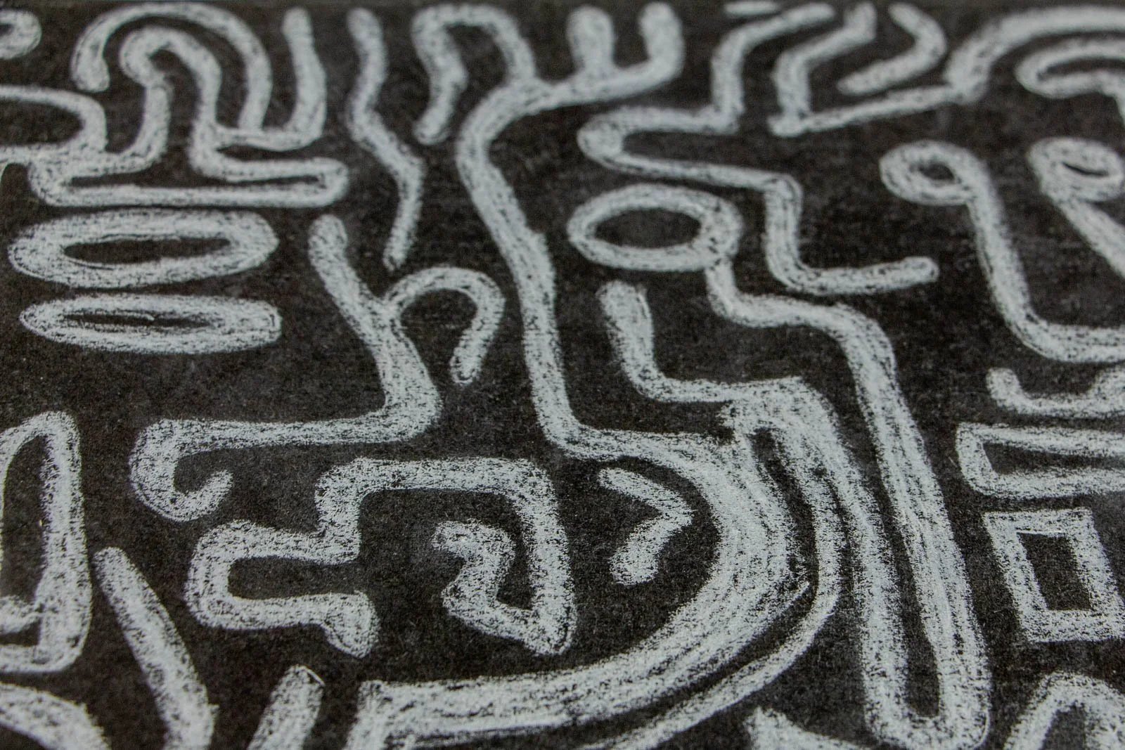 Synaptic Mythos 004 detail: junction cluster, branching strokes loop back on themselves; soft halos of pigment at the edges