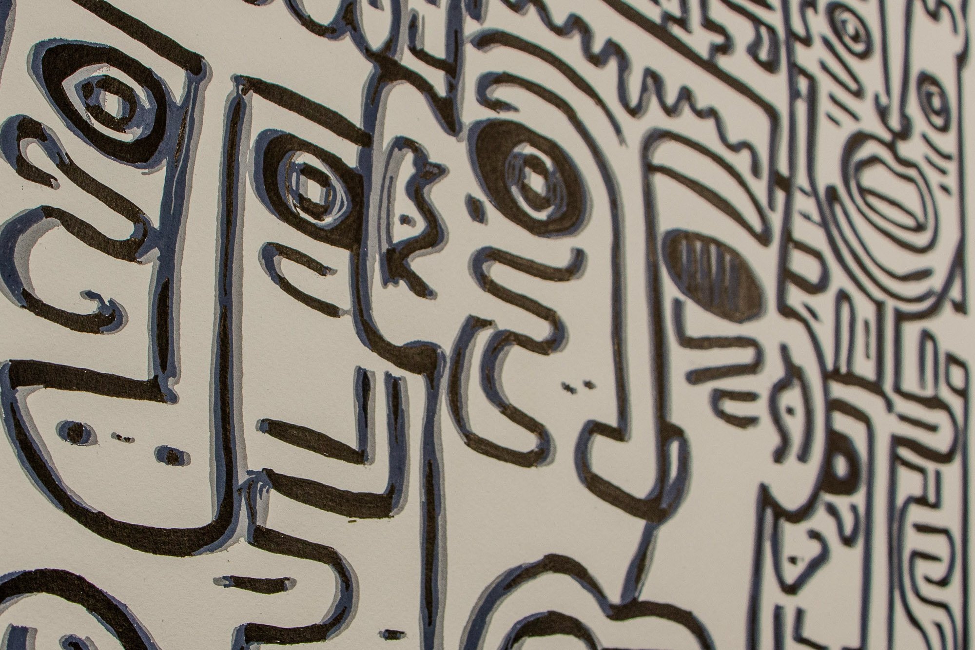 Luminous Parallax 001 detail: close-up of a central face with asymmetrical eyes and a large oval mouth, framed by rectilinear marks and neighboring facial fragments in black and muted grey.
