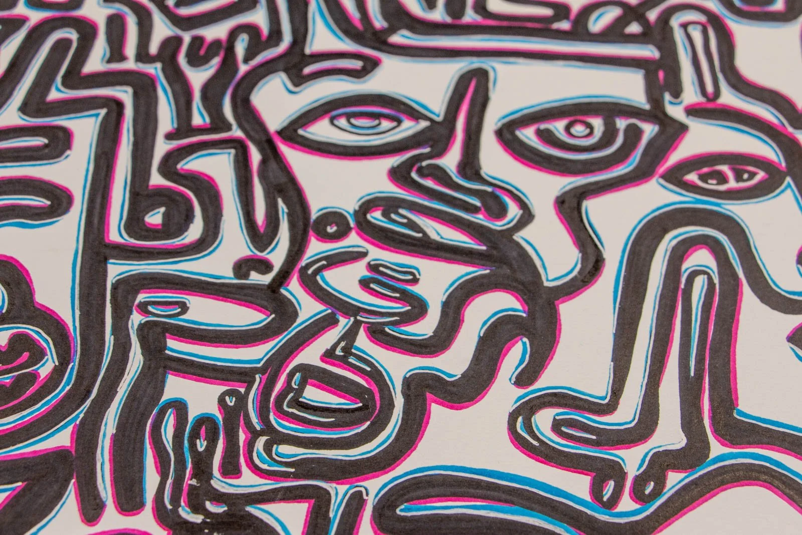 Silence’s Caesura 001 detail: face cluster, arched lids and layered lips; black ribbons slide around cheek and chin; cyan/pink after-image