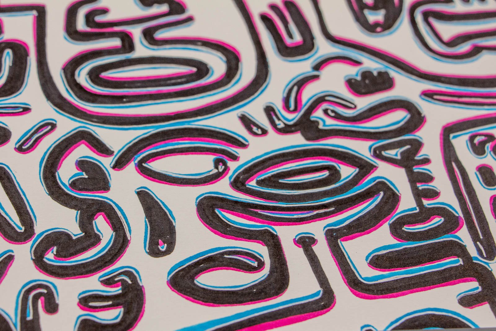 Silence’s Caesura 002 detail: central eye cluster, almond shapes nested and tethered; crisp black strokes with light-blue/pink after-image effect