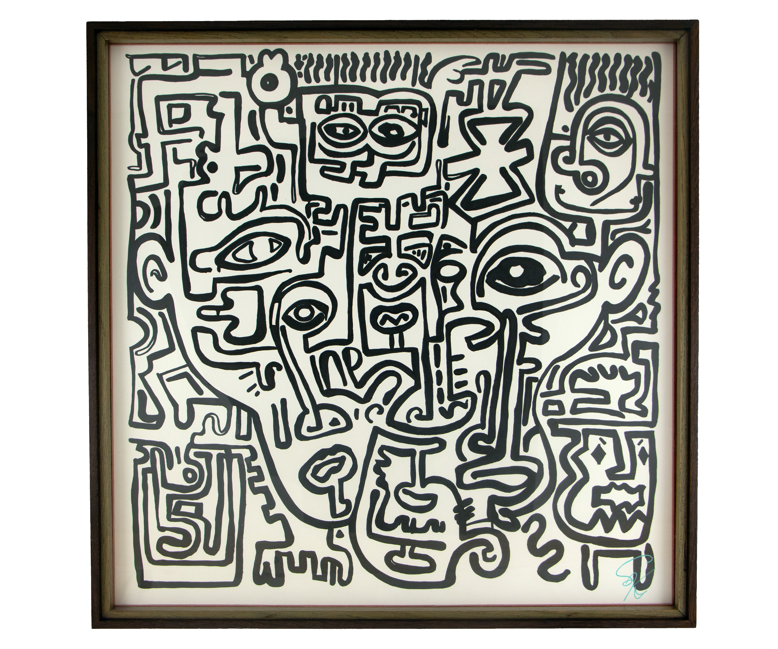 Change passes through the structure without undoing it. Elusive Cocoon: 004; black ink on paper; layered wooden frame palette: yellow, blue, and cherry.