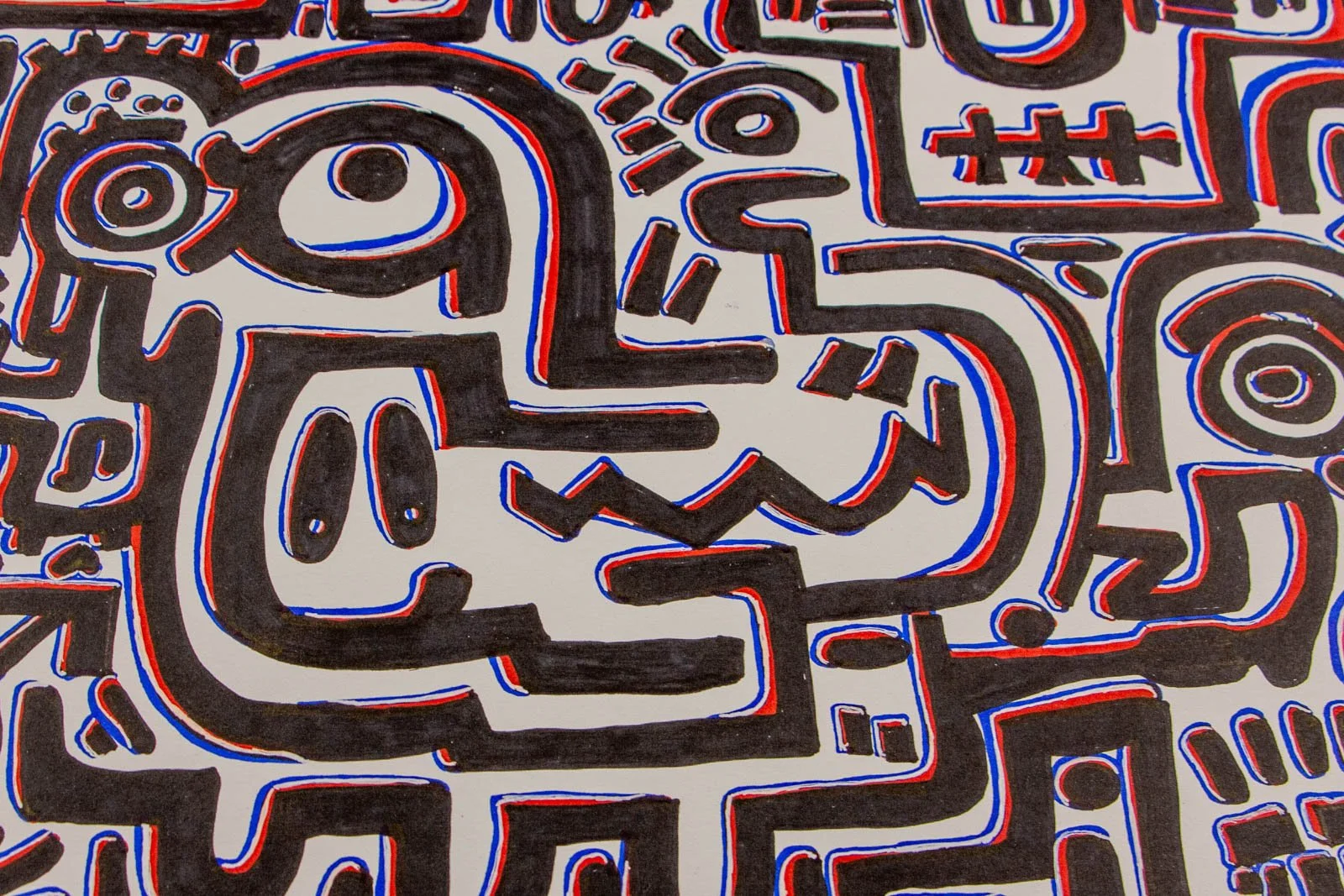 Flux Impromptu 001 detail: central figure, rounded snout with zig-zag grin; red/blue echo lines vibrating around bold black contour