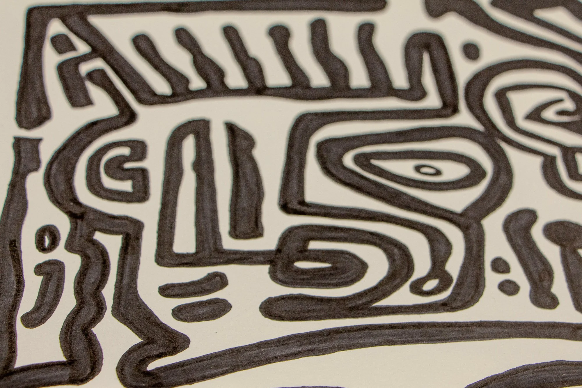 Veiled Alchemist 004 detail: upper-left close-up showing a crowned, mask-like figure with a single eye and nested linear shapes, set within a dense network of surrounding forms