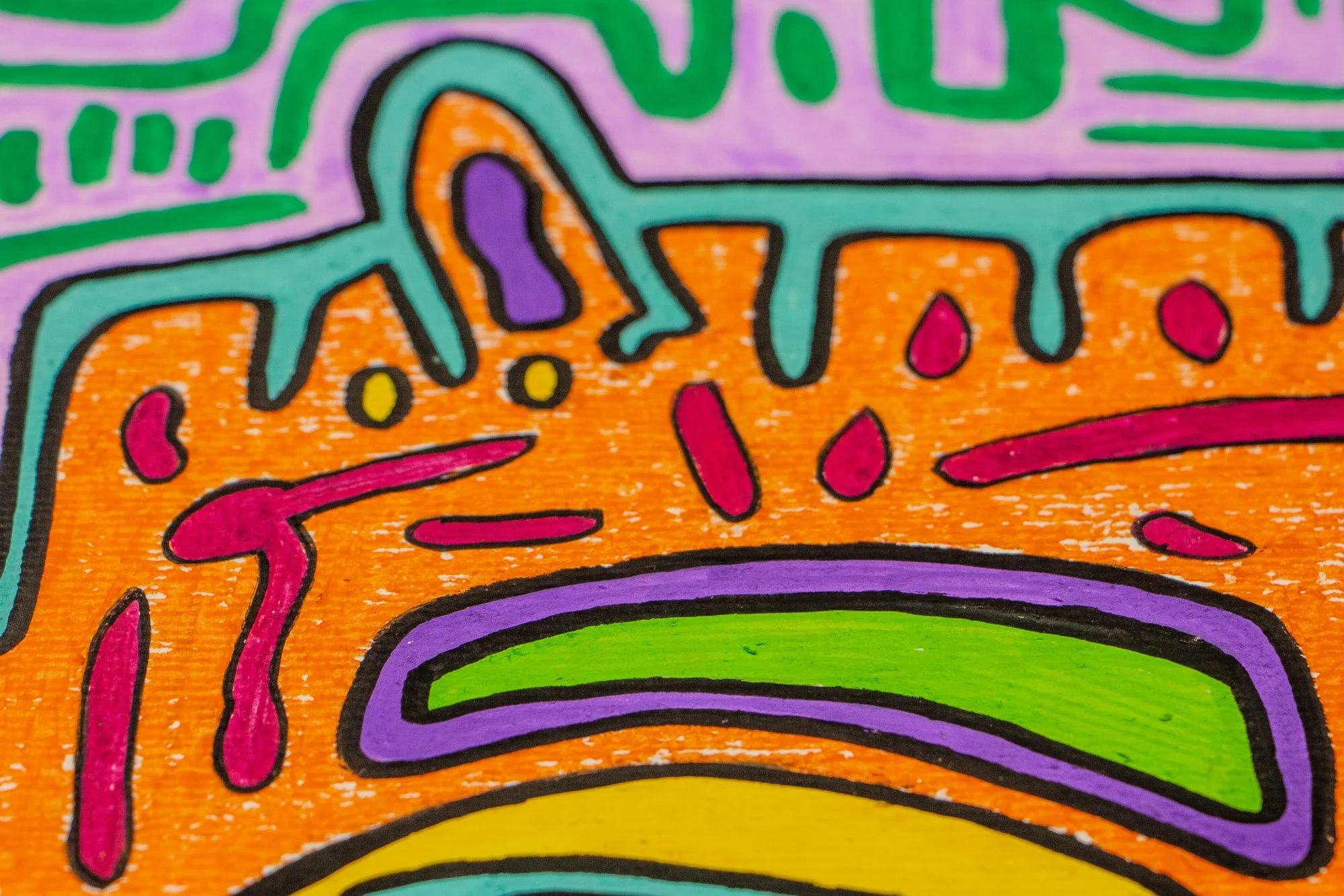 Unseen Signifiers 002 detail: cropped view of the orange field and surrounding forms, showing magenta marks, aqua and purple contouring, and the painted wood grain breaking through the colour.