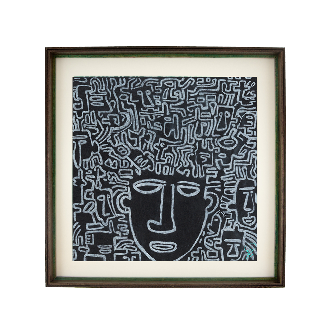 Calm openness; feelings coexist and choice sets direction. Synaptic Mythos: Artwork 004; ink on paper; ash-stained oak frame with double wengé rails; inner green accent band.