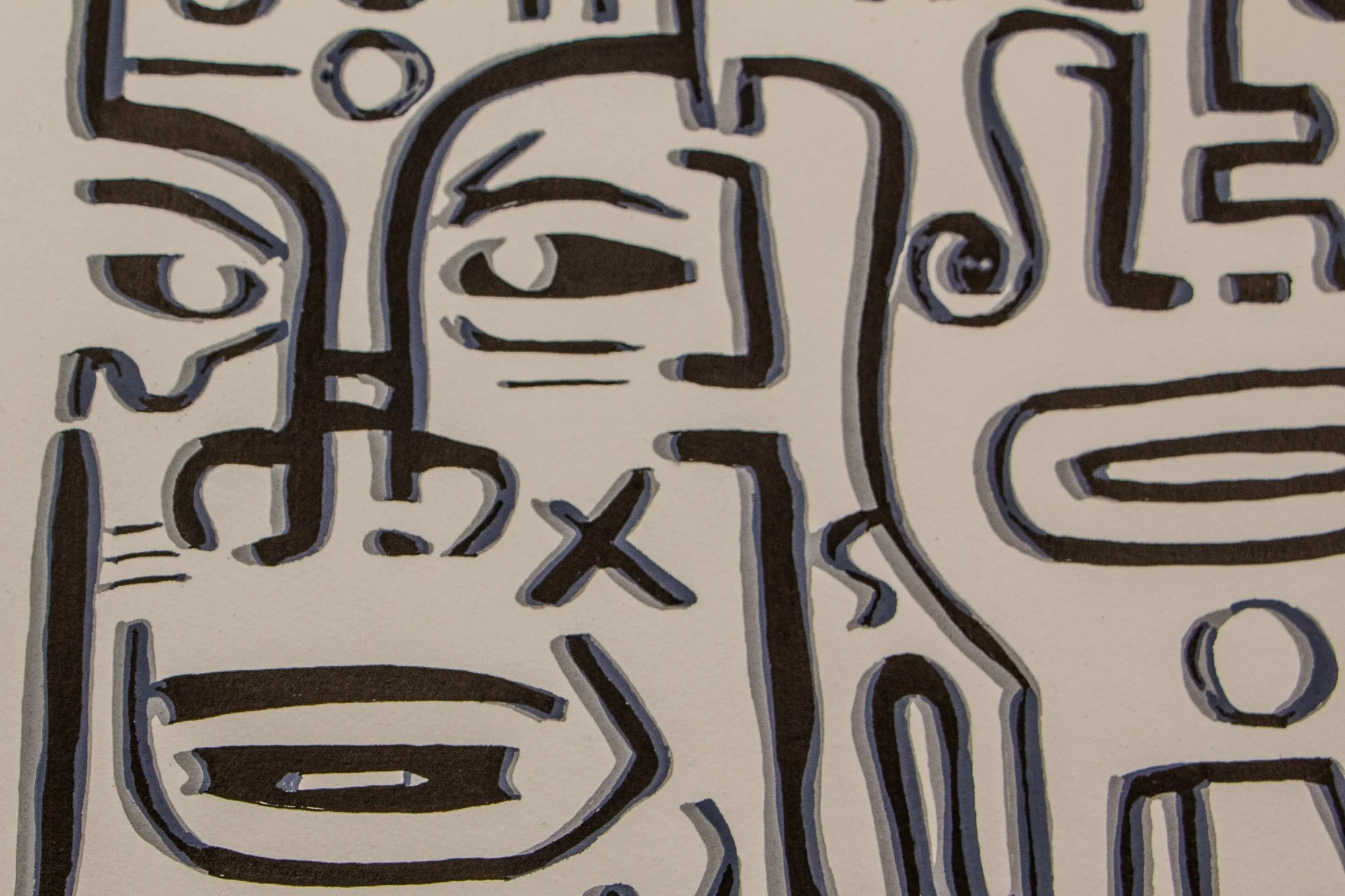 Luminous Parallax 002 detail: close-up of a narrow vertical face with an X-like nose mark and a long horizontal mouth, positioned beside adjacent facial fragments in the same restrained black-grey palette.