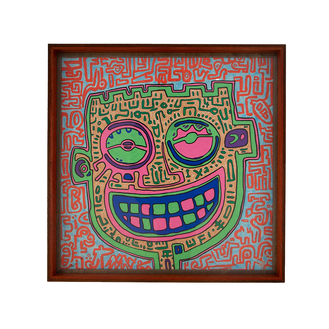 The face appears warm and direct, yet the dense field of signs around it suggests that other responses remain active beneath the smile. Unseen Signifiers: Artwork 008; framed colorful artwork featuring a smiling face motif