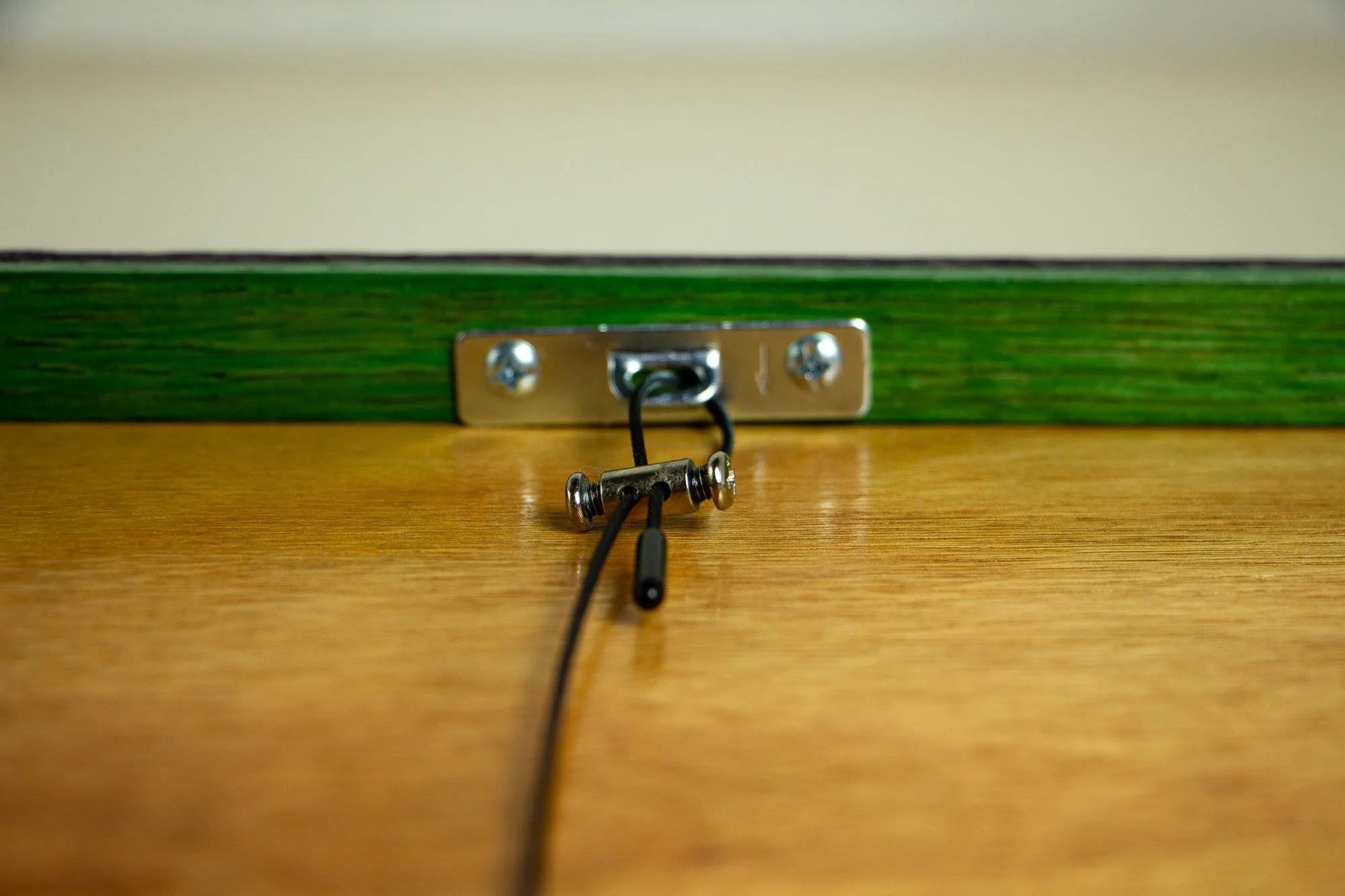 Unseen Signifiers 009 frame detail: centered rear close-up of the hanging hardware, showing the metal plate, tensioned black wire, and the warm wood back panel beneath a green inner frame strip.