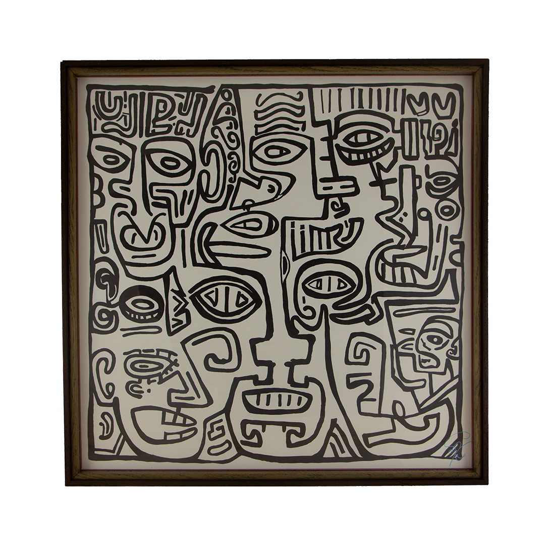 Change passes through the structure without undoing it. Elusive Cocoon: 004; black ink on paper; layered wooden frame palette: yellow, blue, and cherry.