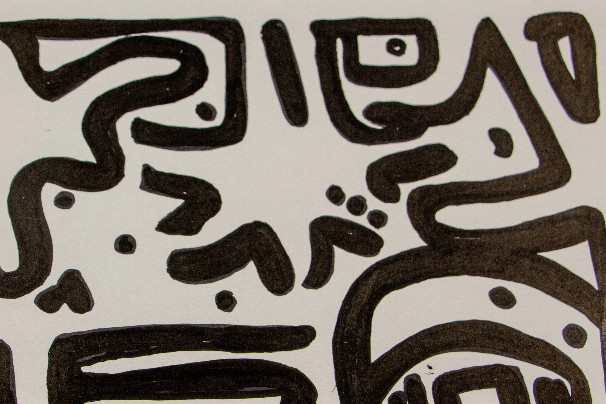 Formless Equation 001 detail: corner field of arrows and dots around angular eye shapes, dynamic mark-making, ink on paper