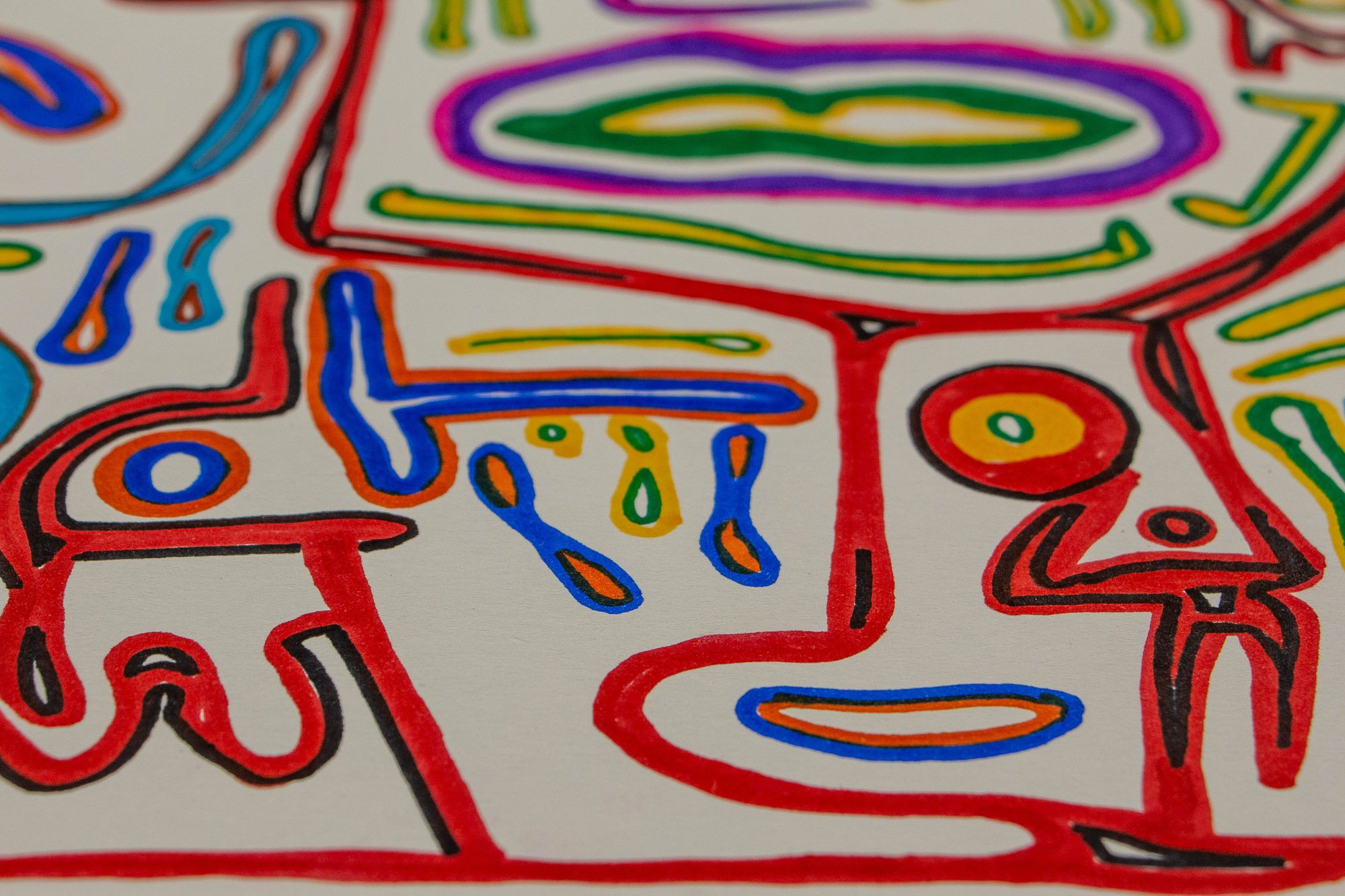 Eclipsing Gravitas 002 detail: close-up of overlapping face-like forms with red, purple, green, and blue contours, including green lips inside a magenta outline and smaller eye and droplet motifs around them.