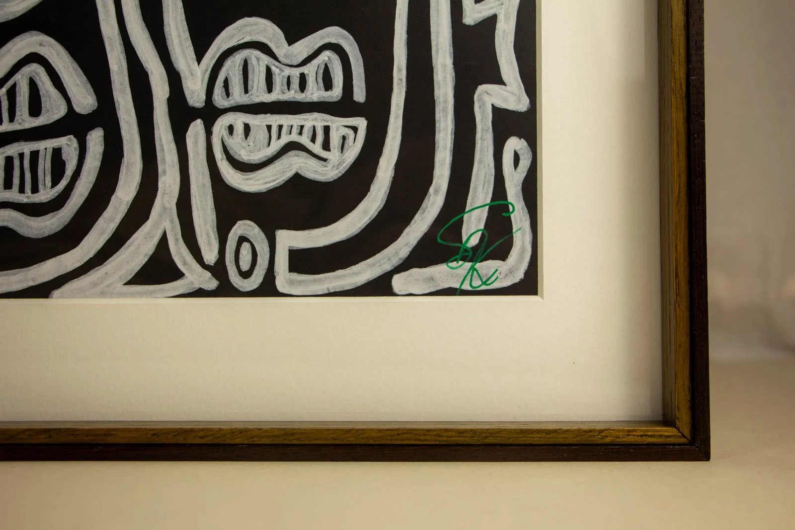 Metamorphic Entwining 003 frame: back edge, warm oak backing panel with a red-toned inner lip; signature finish visible