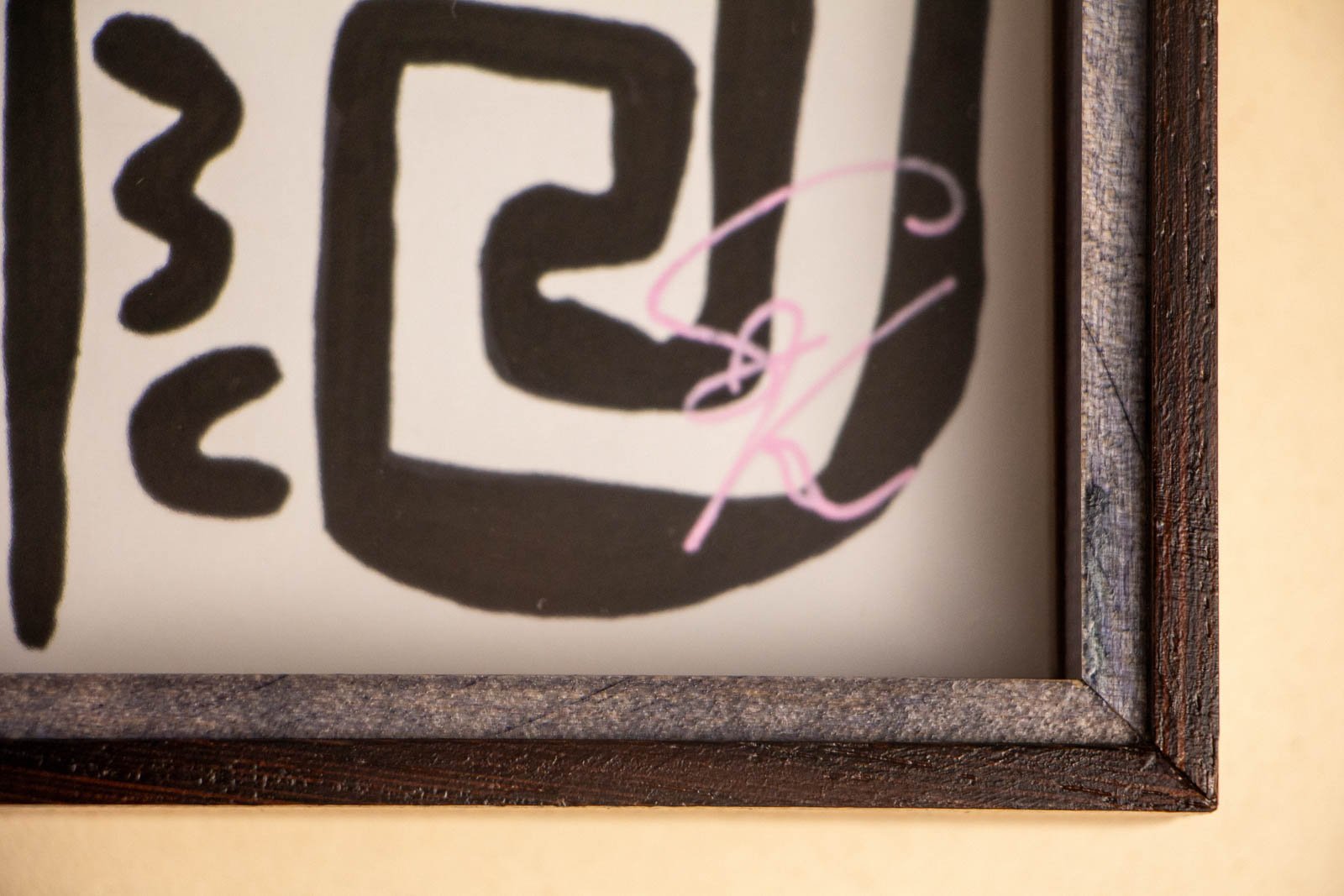 Formless Equation 003 frame: lower corner with pink signature inside, mitred inner rim, dark stained outer edge