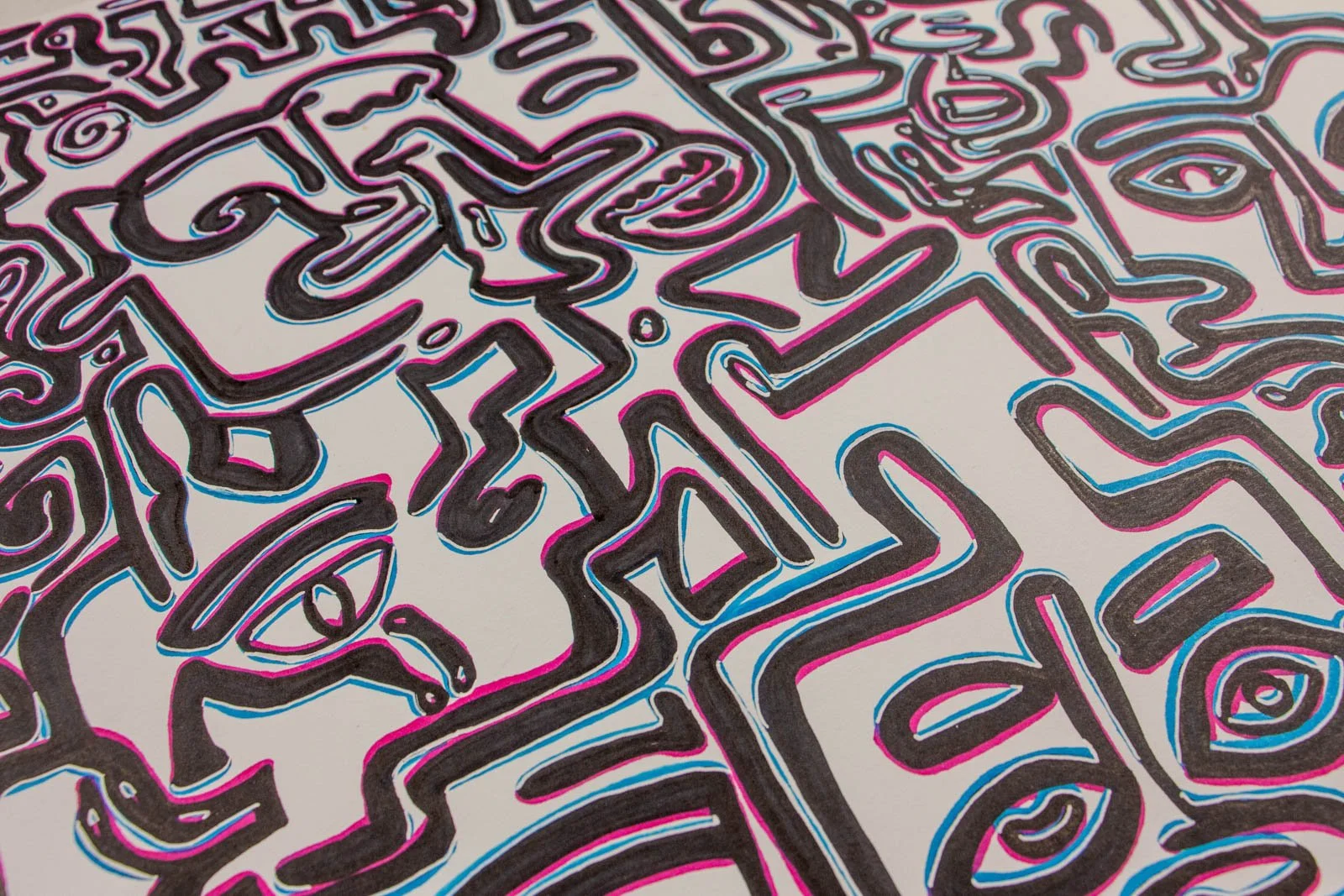 Silence’s Caesura 001 detail: low raking macro, interlaced black paths with cyan and pink offsets; open eye motif tucked beneath stepped contours