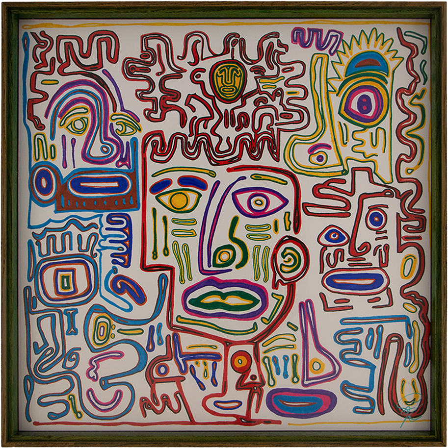 Several emotional voices gather into one field while a steadier centre keeps the composition from scattering. Eclipsing Gravitas: Artwork 002; framed coloured artwork on paper