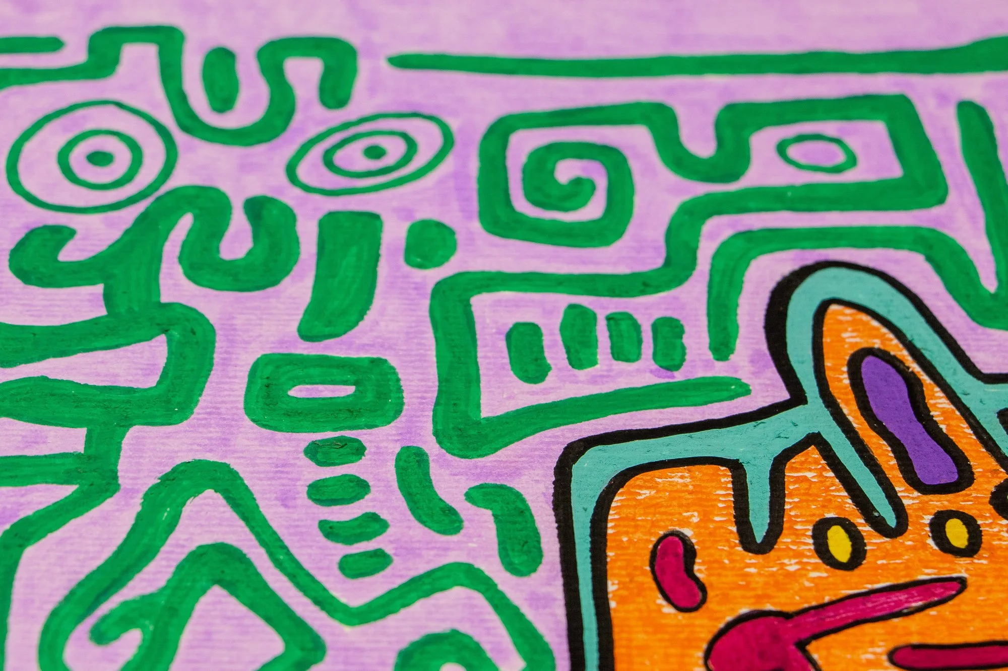 Unseen Signifiers 002 detail: lilac ground filled with green sign-like forms, with the orange face entering at the lower right and black outlines sharpening the contrast between field and figure.