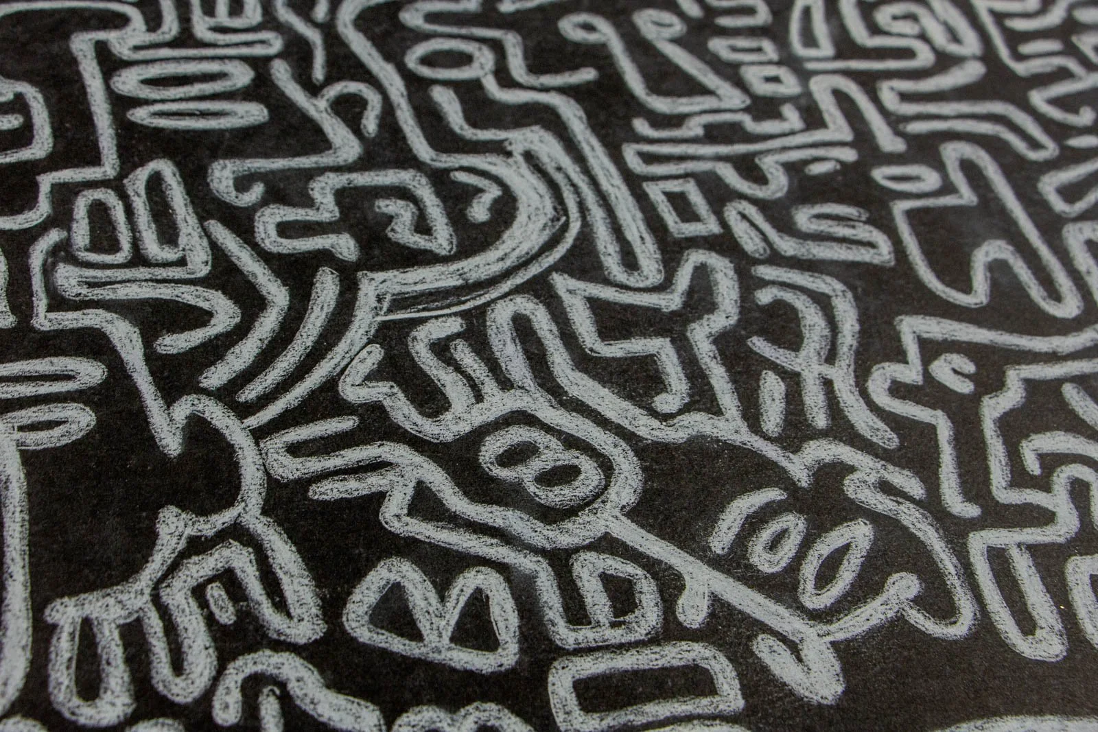 Synaptic Mythos 004 detail: angled sweep, arching ribbon of marks threads through the field; interlocking forms stack and pivot