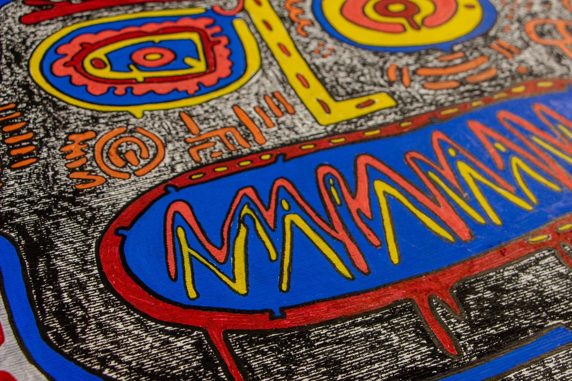 Unseen Signifiers 003 detail: angled close-up of the blue mouth form and surrounding facial lines, with orange accents and dense black stippling creating tension across the surface.