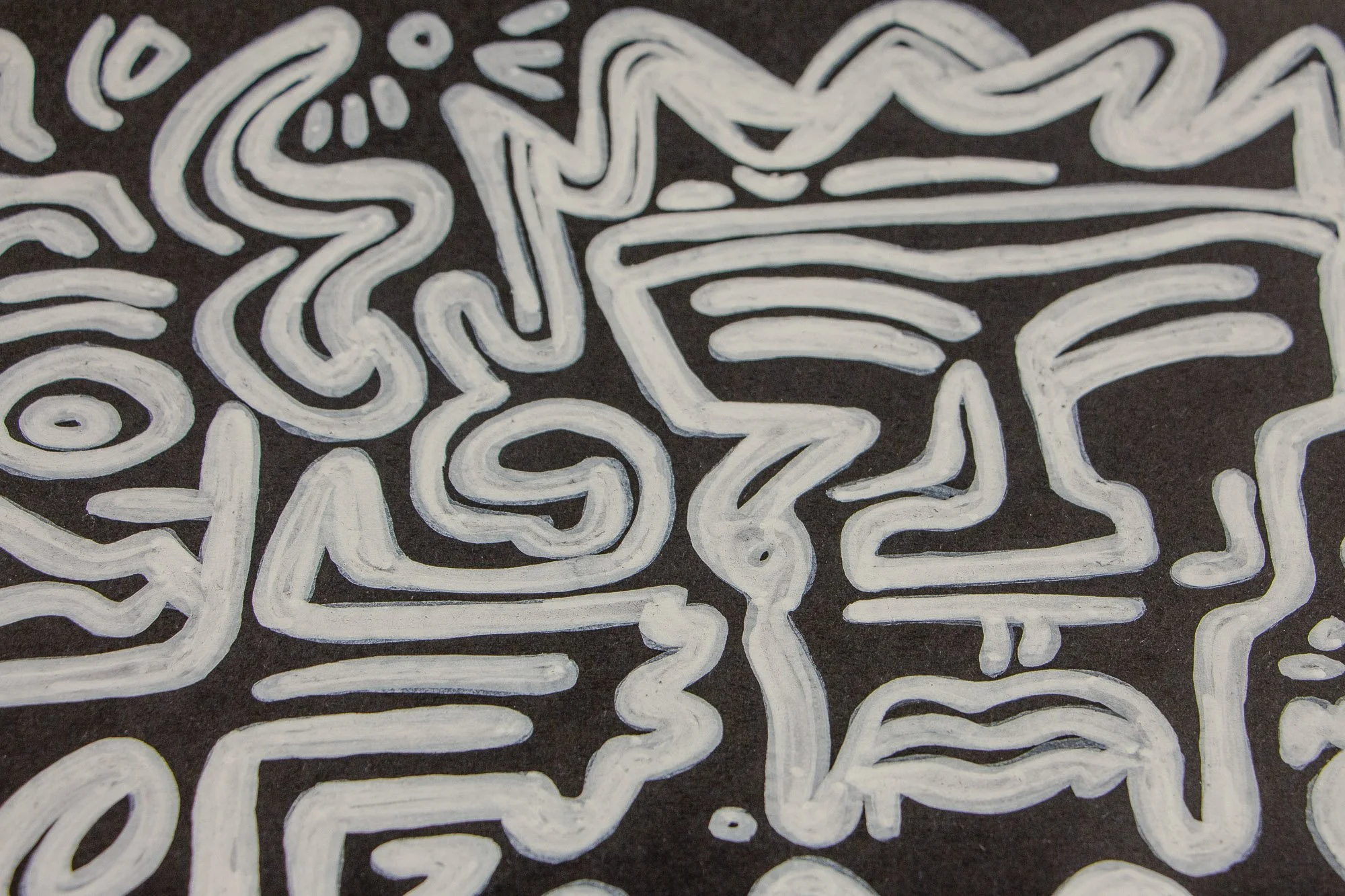 Turbulent Aegis 001 artwork detail: close-up of angular, crowned, and wave-like white line forms on a dark surface, combining instability and containment within the same visual field.