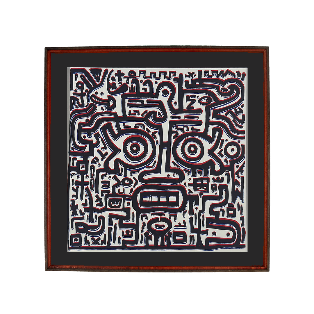 A frontal mask absorbs the noise; wide eyes register the overload until the field becomes readable again. Flux Impromptu: 002; ink on paper; floating mount; oak–walnut–beech frame, double-stained Granada red; red & blue offsets.
