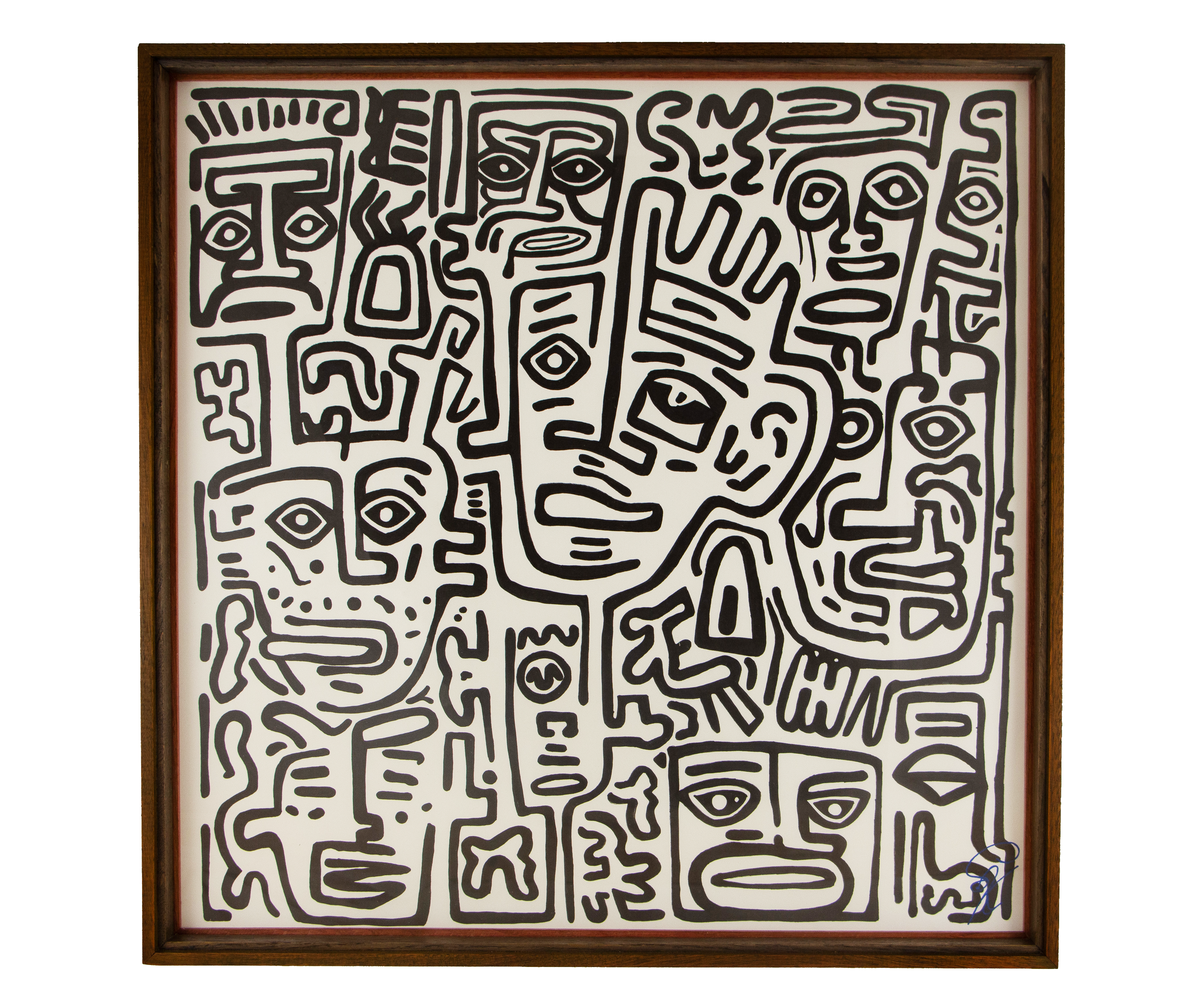 A tilted central face cuts diagonally through a dense field of smaller masks and glyph-like forms, creating a balance between disruption and coherence. Resonant Syntax 004; black ink on paper; layered mahogany-and-oak frame