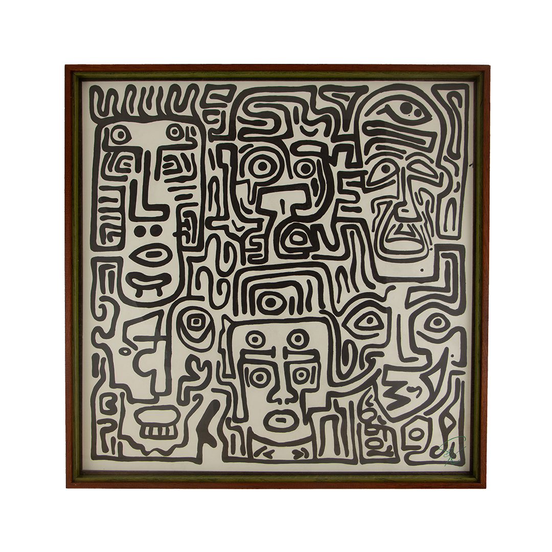 Resonant Syntax 001; black ink on paper; layered mahogany-and-oak frame in a pink, mint, and blue sequence.