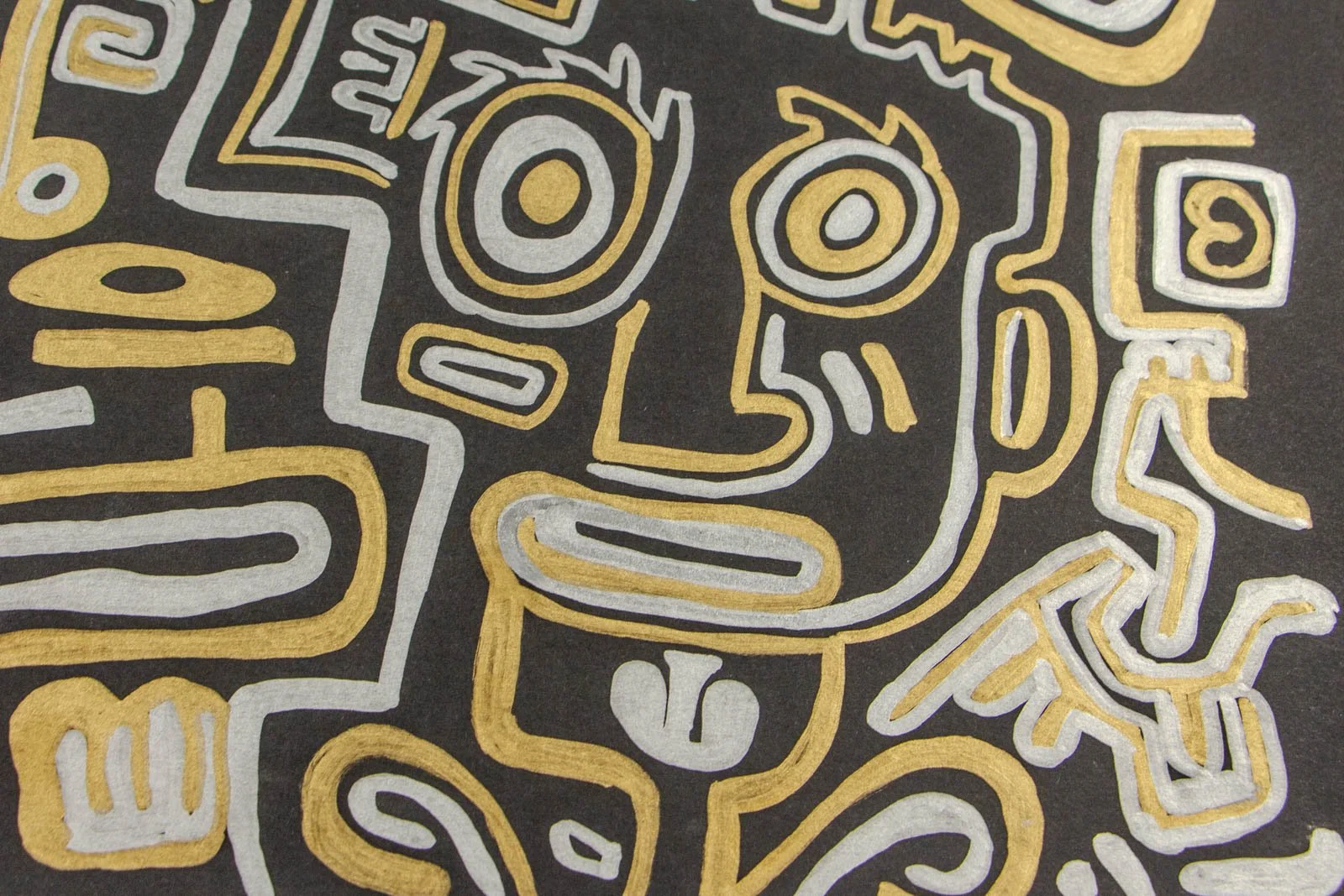 Golden Nostalgia 001 detail: portrait vignette, wide eyes, silver mouth, and gold chin; stacked rectangles and tight line nesting