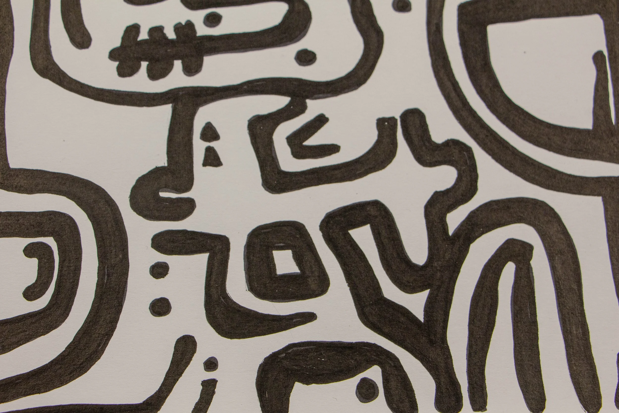 Formless Equation 001 detail: small creature-like form among maze lines and dots, playful abstract drawing, ink on paper