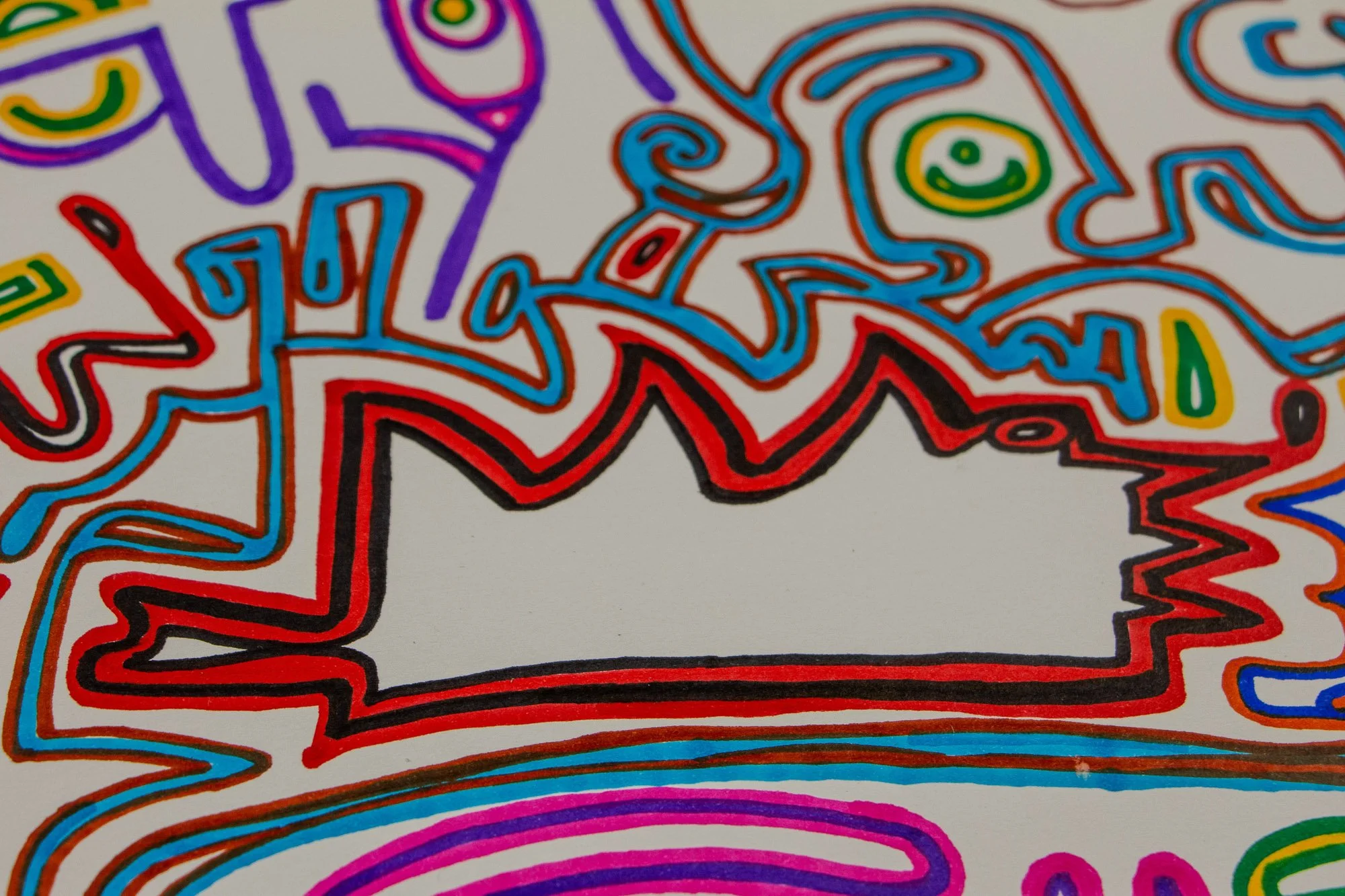 Eclipsing Gravitas 001 detail: close-up of a blue-outlined abstract face with a concentric oval eye, pink and purple contours, and surrounding green, yellow, and red symbolic shapes.