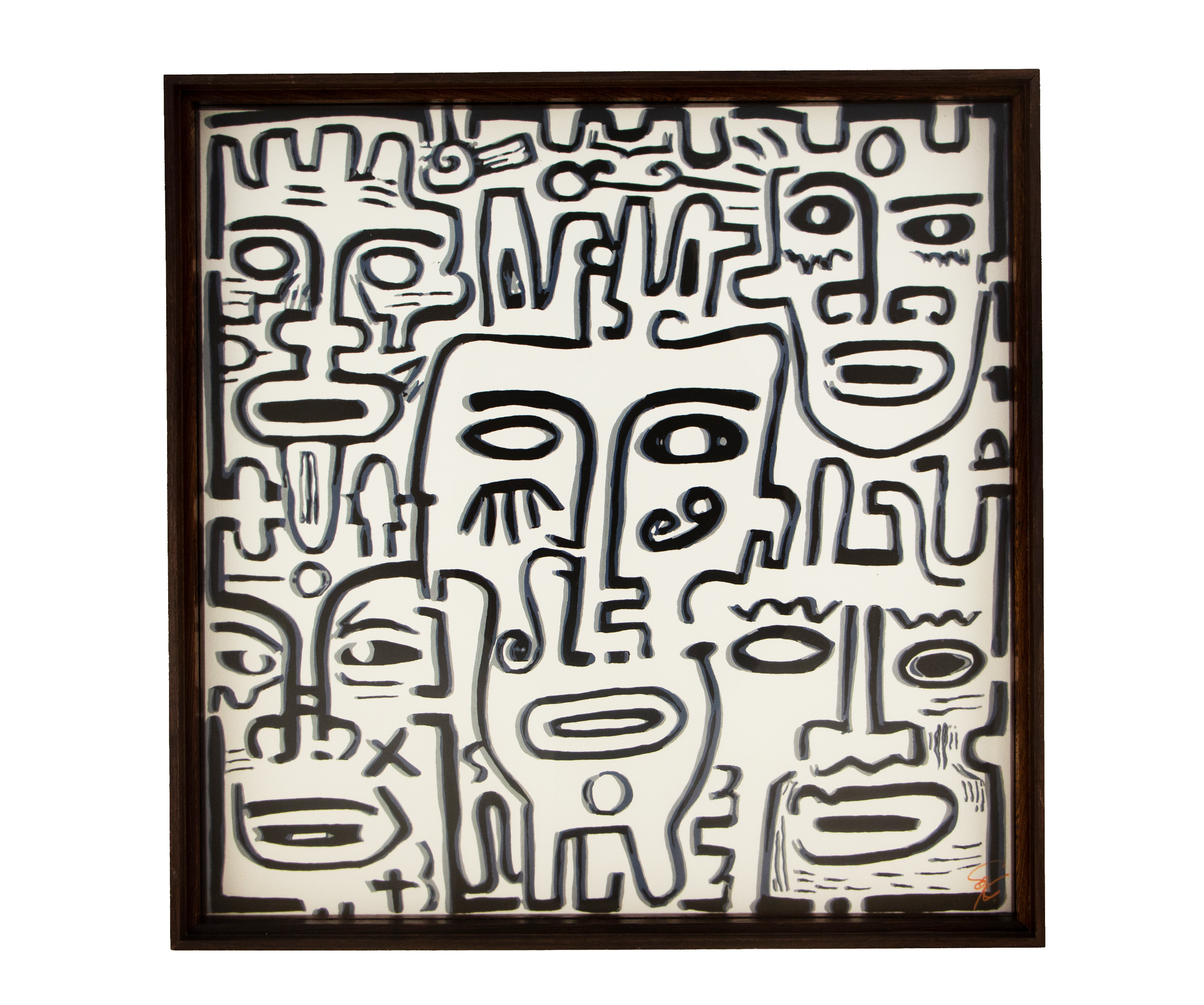 A divided face with contrasting eyes is surrounded by angular facial fragments. Luminous Parallax 002; drawing on white paper; layered wooden frame.