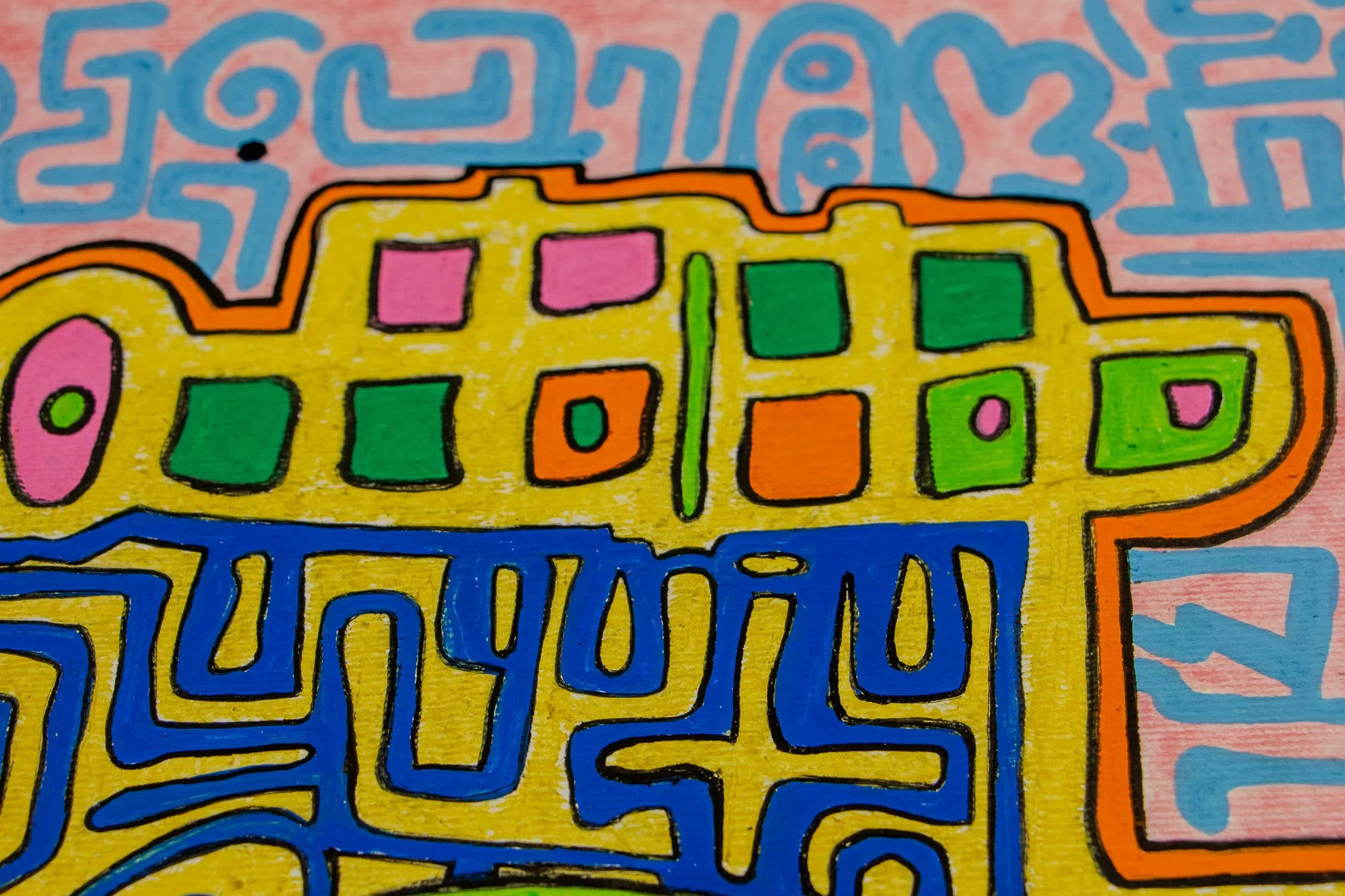 Unseen Signifiers 006 detail: upper-right close-up showing the yellow crown edge with pink, green, and orange square elements, set against the surrounding pink field with blue symbols.