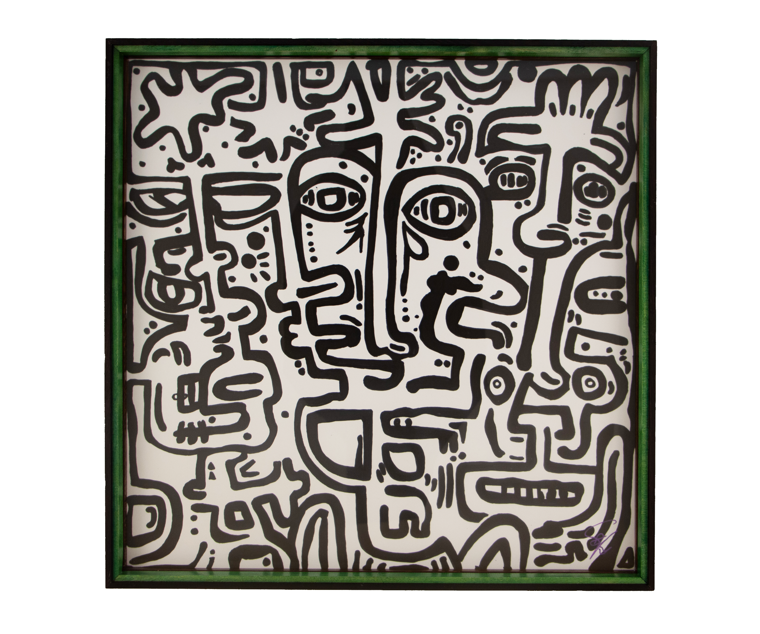 Within the tangle, quiet logic appears. Formless Equation: 001; ink on paper; oak frame with a wengé edge; violet & green.
