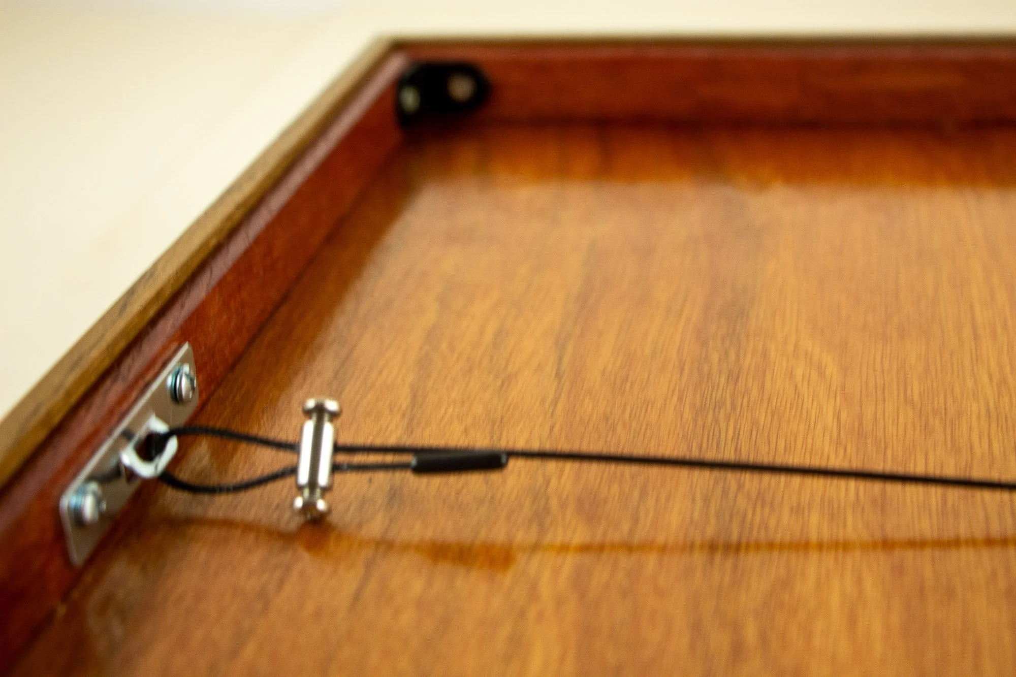 Veiled Alchemist 002 frame detail: reverse view of the back, showing the warm back panel, metal hanging plate, tensioned wire, and the red-toned inner rear rim that continues the layered construction.