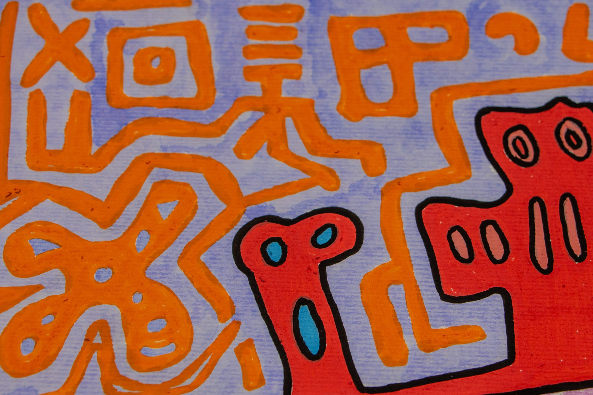 Unseen Signifiers 010 artwork detail: close-up of the upper left area, showing orange glyph-like signs across the pale blue ground beside the red crest forms with blue interior marks.