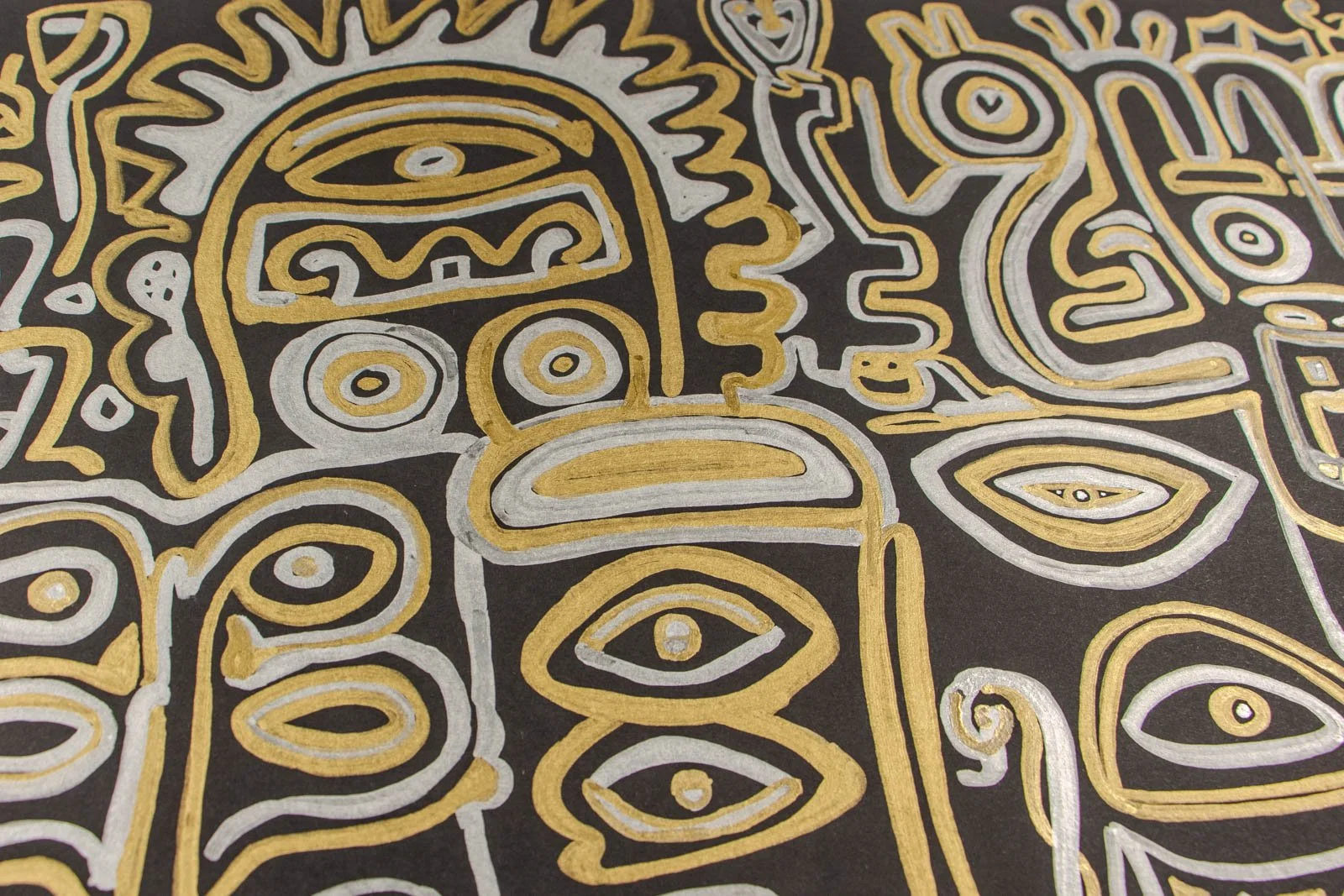 Golden Nostalgia 004 detail: sun-crowned totem, tiered eyes and bold chest ellipse in layered strokes