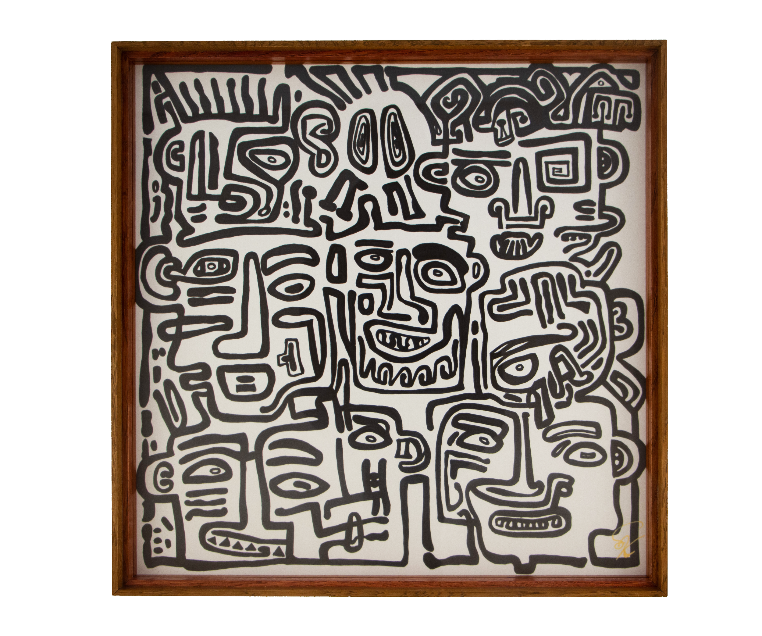 A bearded face with asymmetrical eyes appears among tightly interwoven figures and symbols. Veiled Alchemist 004; black linework on white paper; Japanese elm frame with red-toned accent.